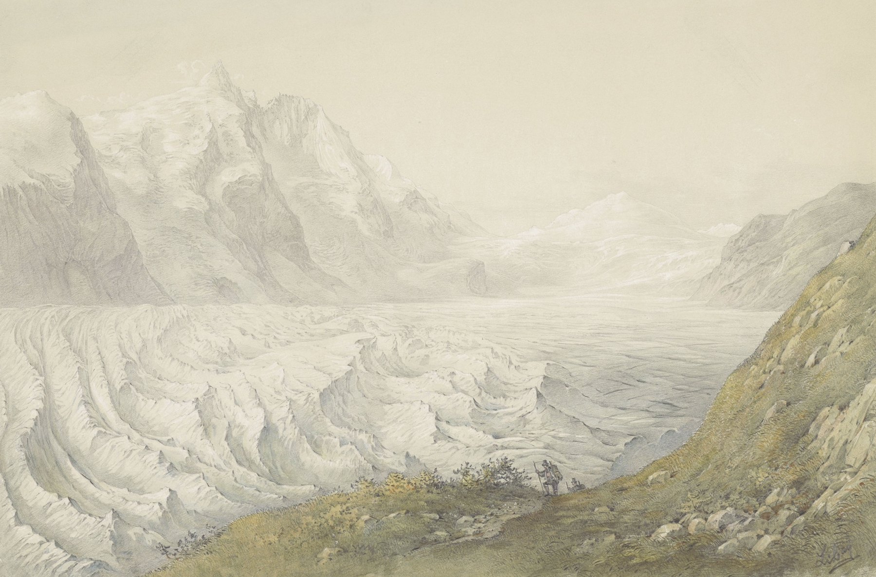 Pasterze gletsjer bij Heiligenblut, oil on canvas by Karoly Lajos Libay depicting a glacier landscape.