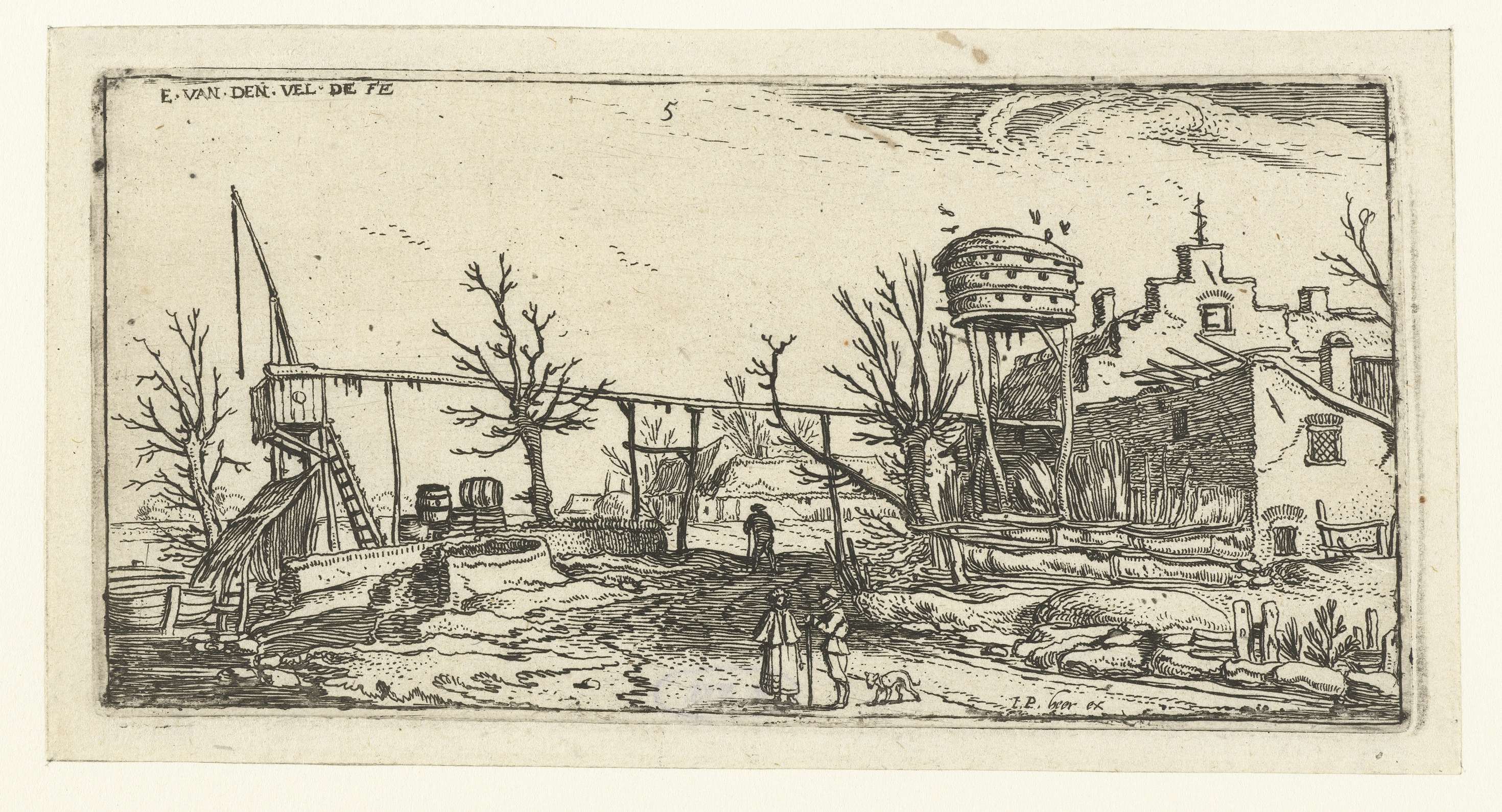 Landschap met een brouwerij, etching by Esaias van de Velde depicting a rural landscape with a brewery.