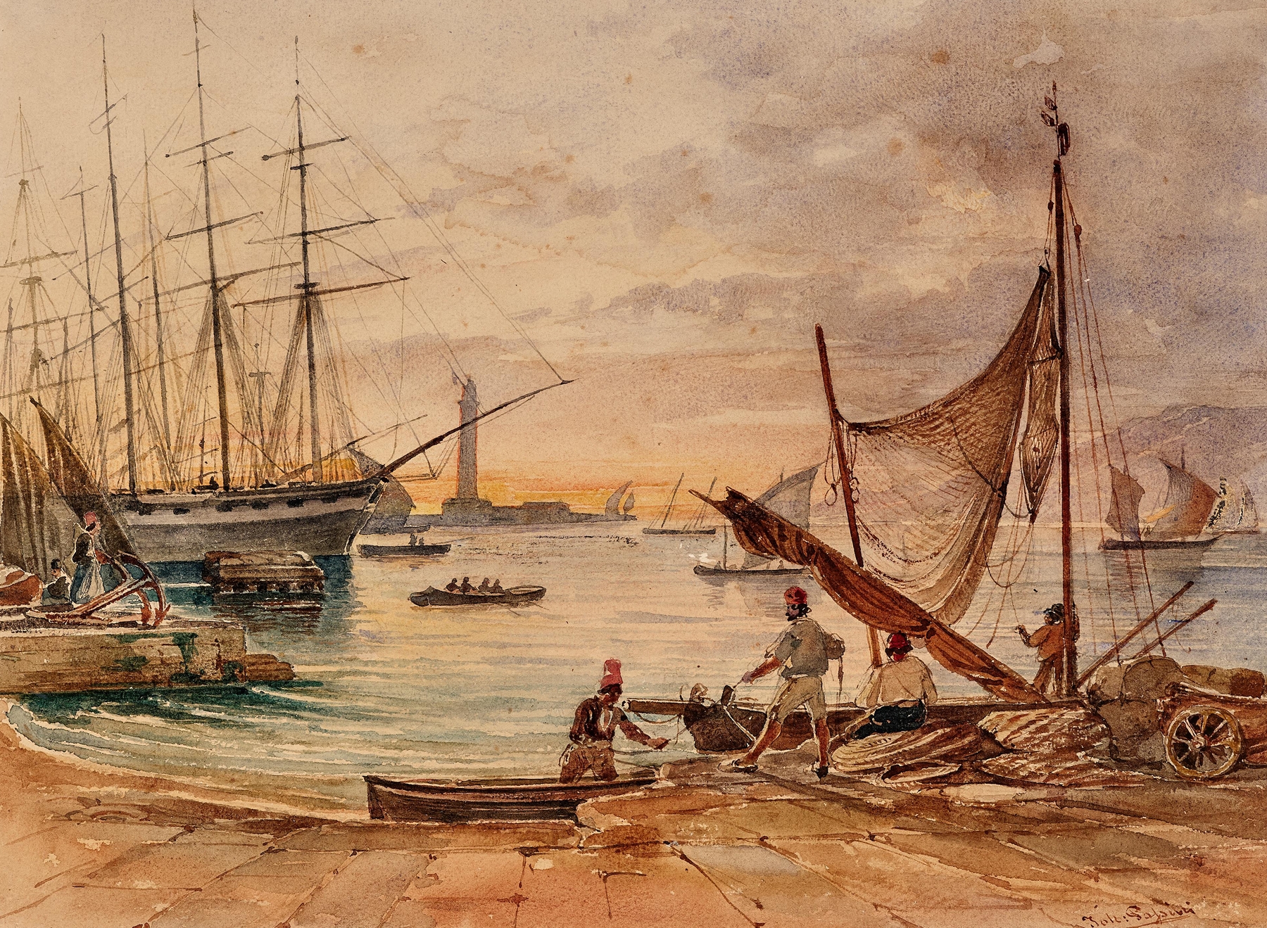 Oil painting by Johann Nepomuk Passini depicting a harbor at twilight
