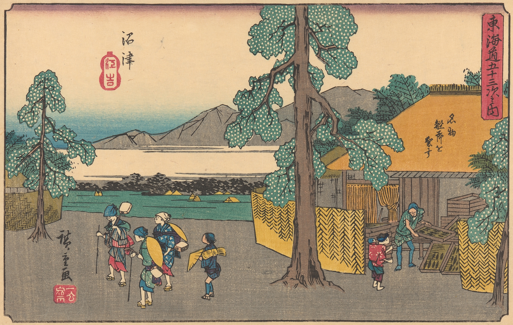 Woodblock print by Utagawa Hiroshige depicting tranquil waters and mountains.