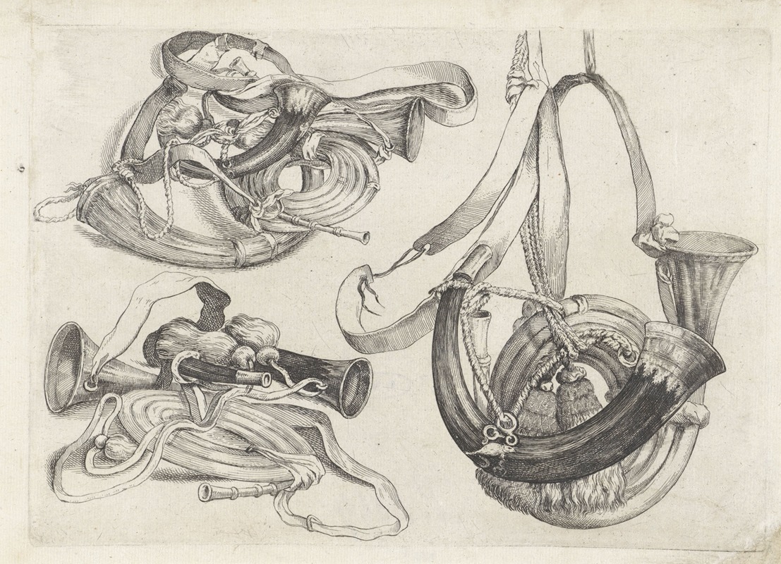 This artwork features seven hunting horns intricately detailed with cords and straps.