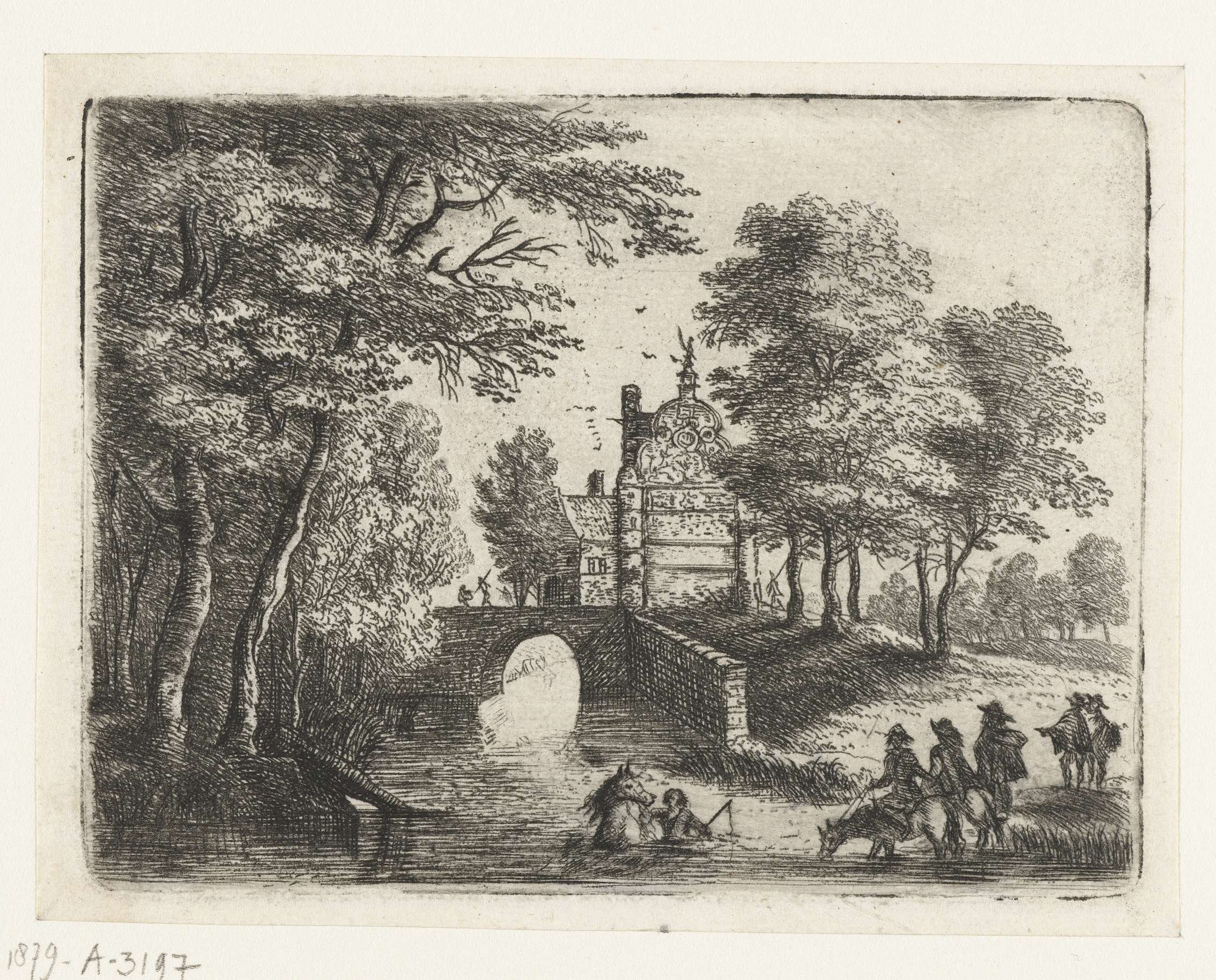 Landschap met een rivier, een brug en ruiters etching by Lucas van Uden