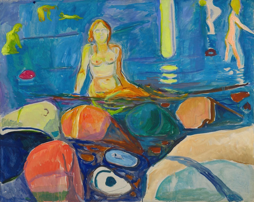A painting depicting a woman bathing with children in a natural setting.