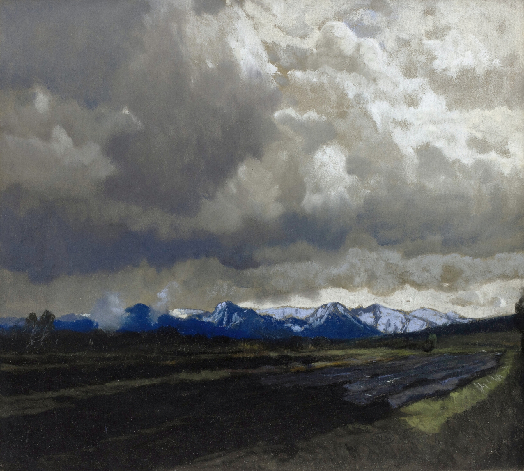 Expressionism landscape by Albert Stagura, depicting stormy clouds in deep purples and blues.