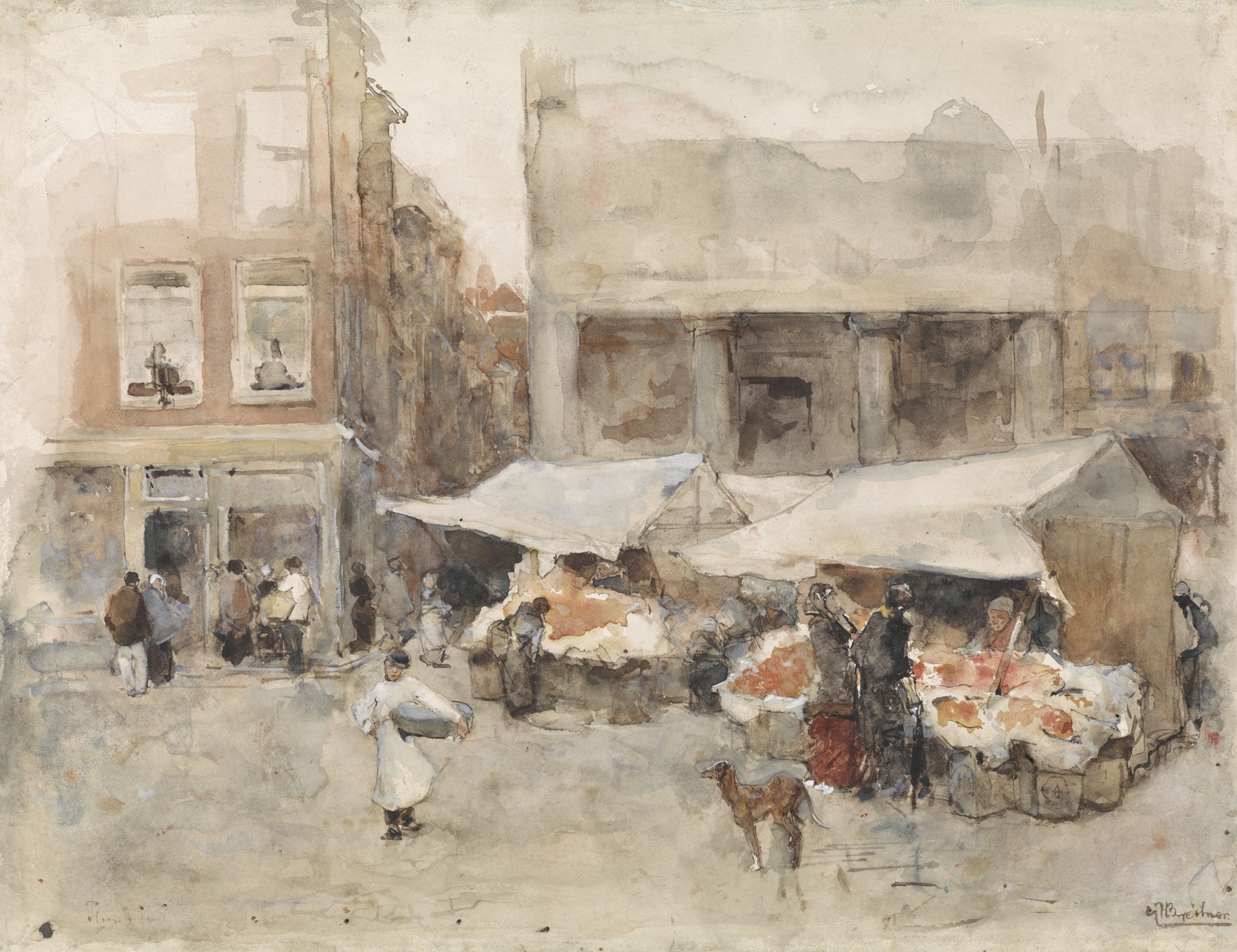 Markt met bloemenstalletjes, by George Hendrik Breitner, public domain