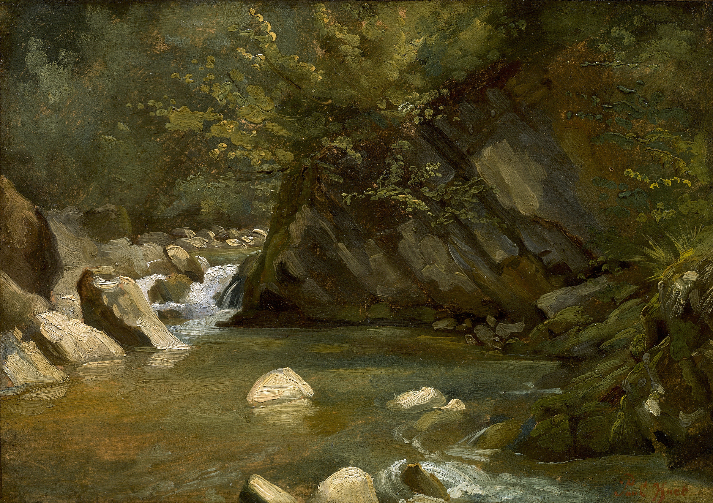 Woodland Stream by Paul Huet, oil painting depicting a serene landscape with vibrant foliage.