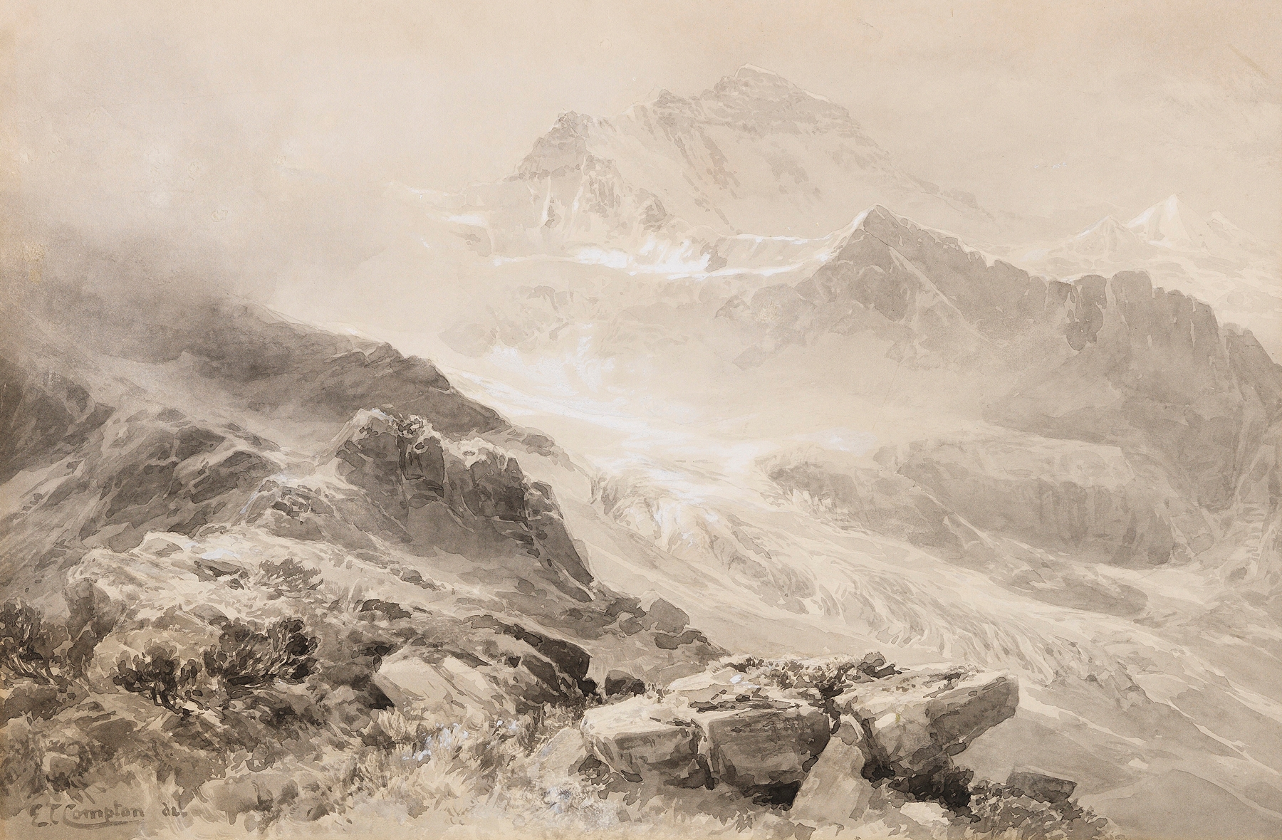 Landscape of Die Jungfrau by Edward Theodore Compton, oil painting depicting mountains and mist.
