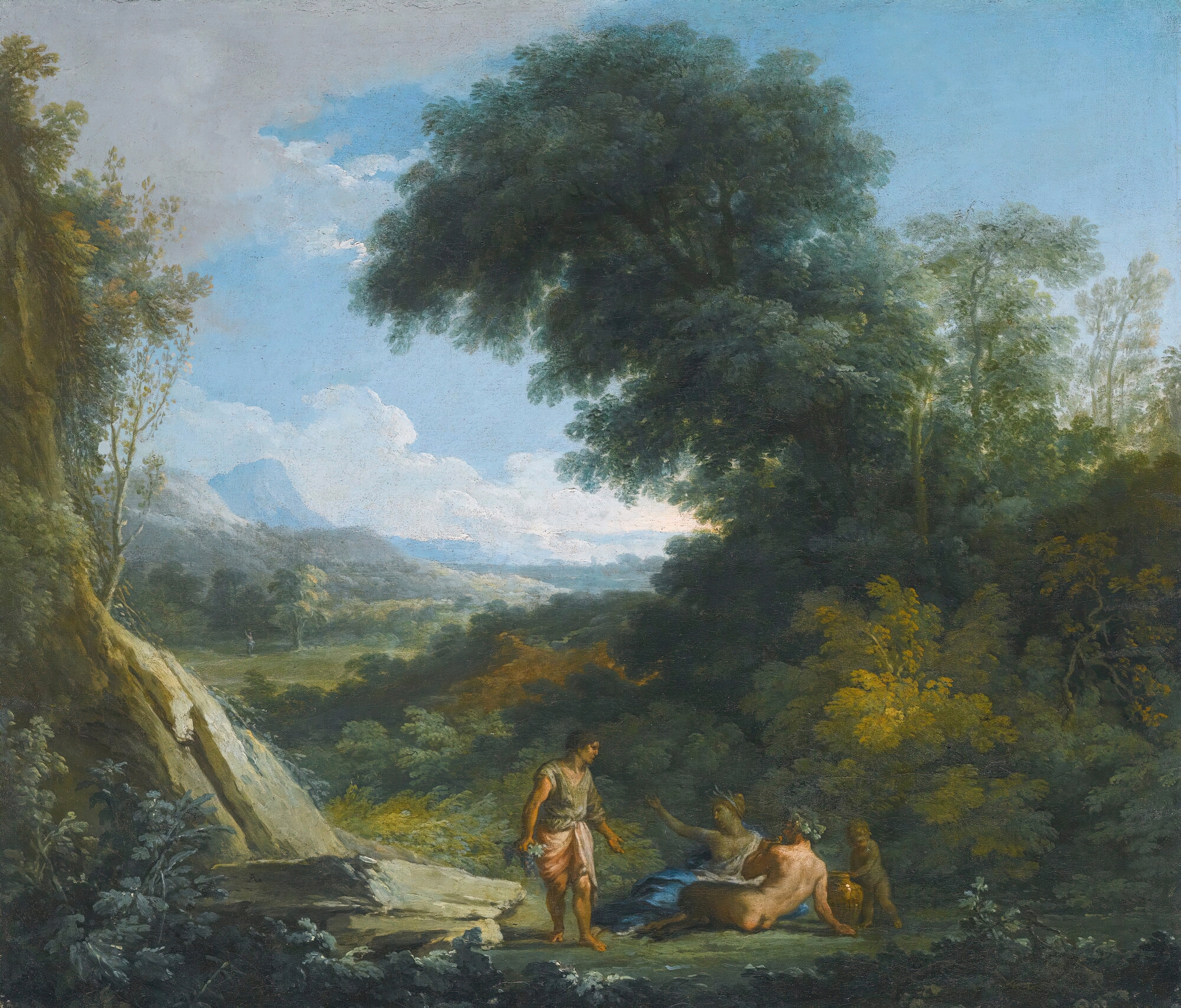 Rococo oil painting by Andrea Locatelli depicting a faun and nymph in a lush landscape