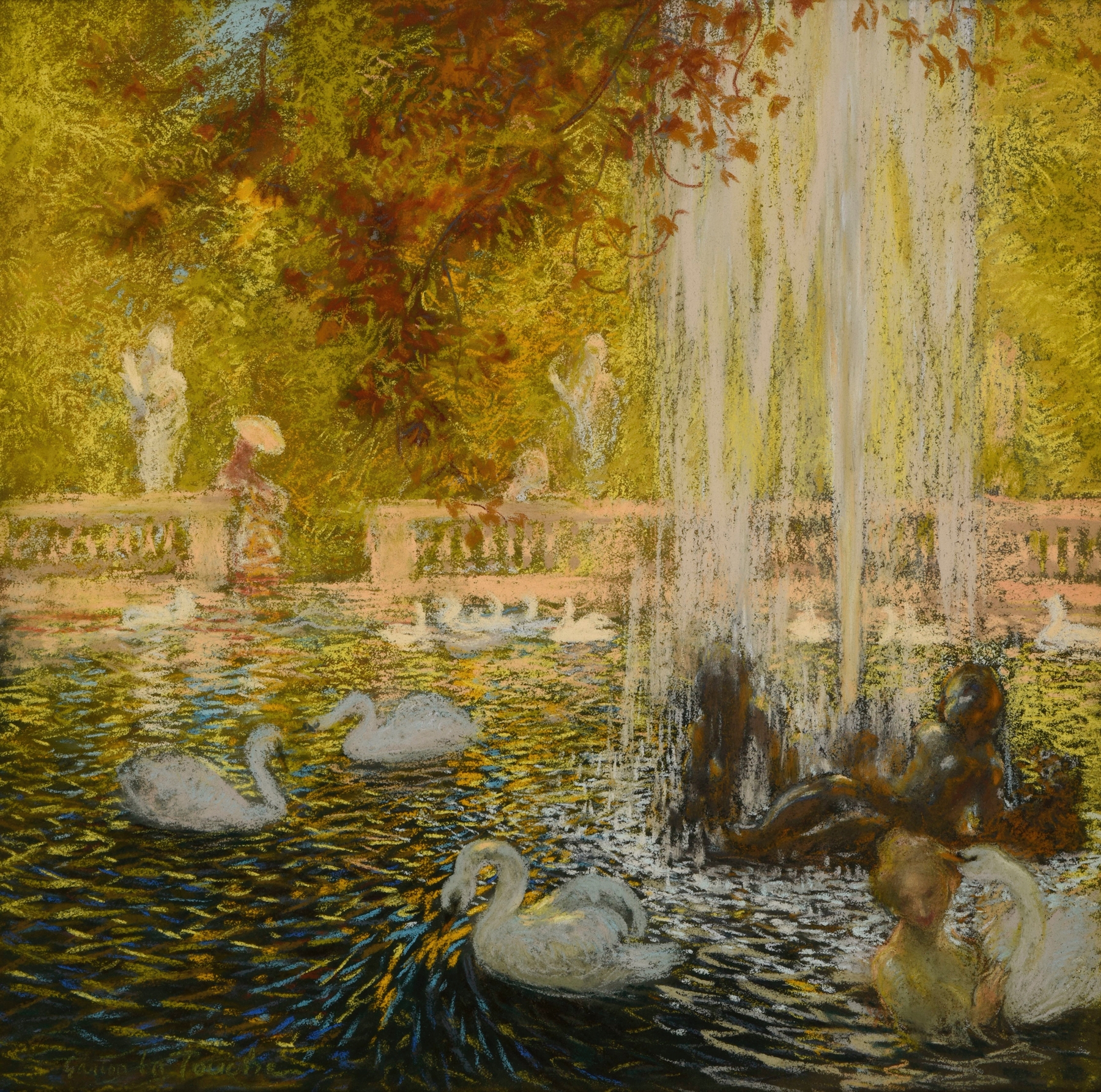Oil on canvas by Gaston La Touche depicting a waterfall in a lush forest