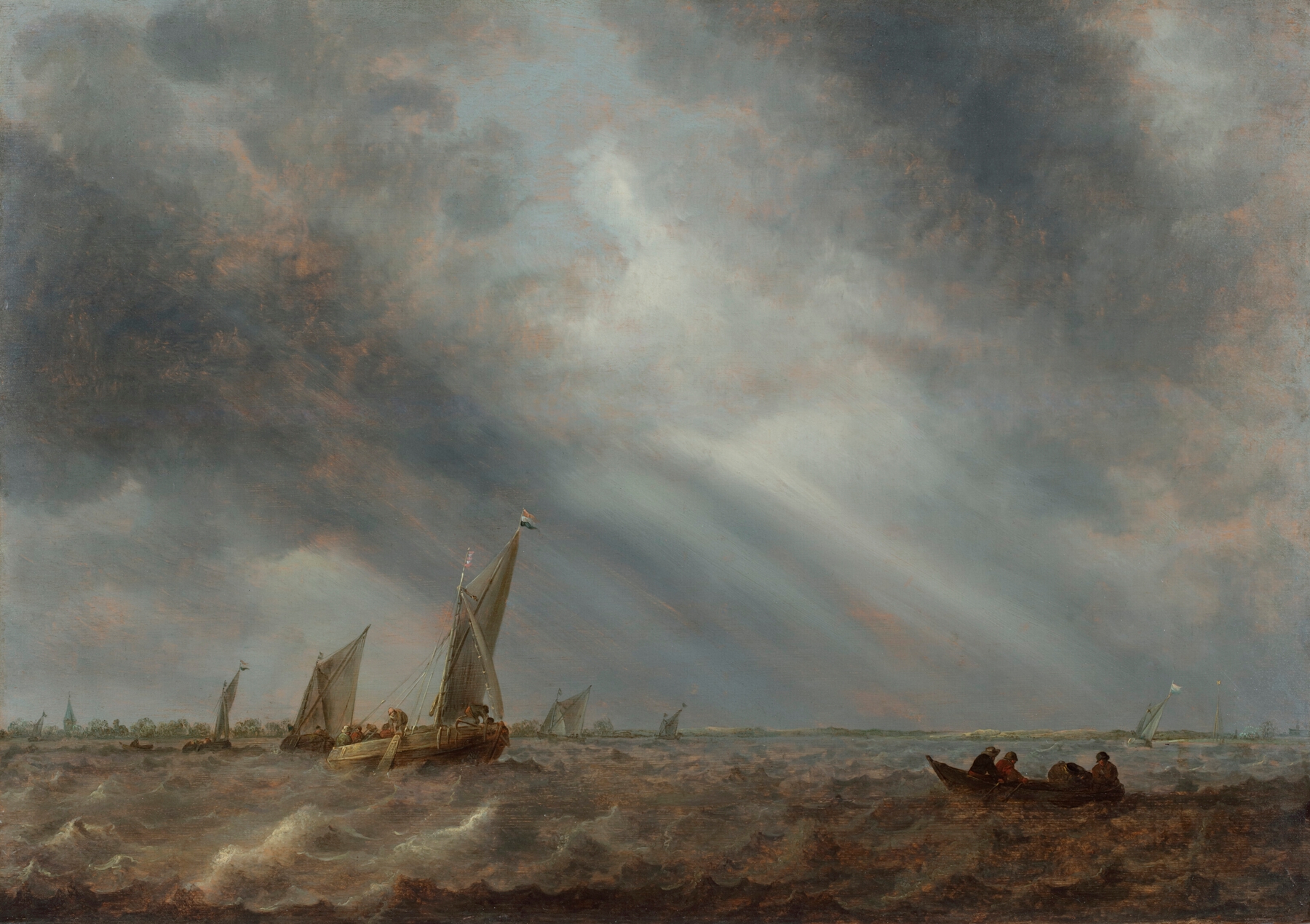 Various sailing vessels and a rowing boat with fishermen on choppy waters under a stormy sky, by Abraham van Beyeren, public domain