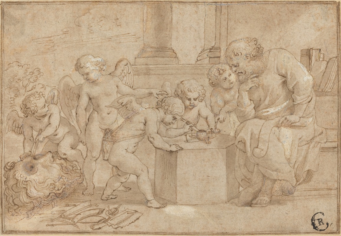 A painting depicting an elderly man observing putti dissecting an eye.