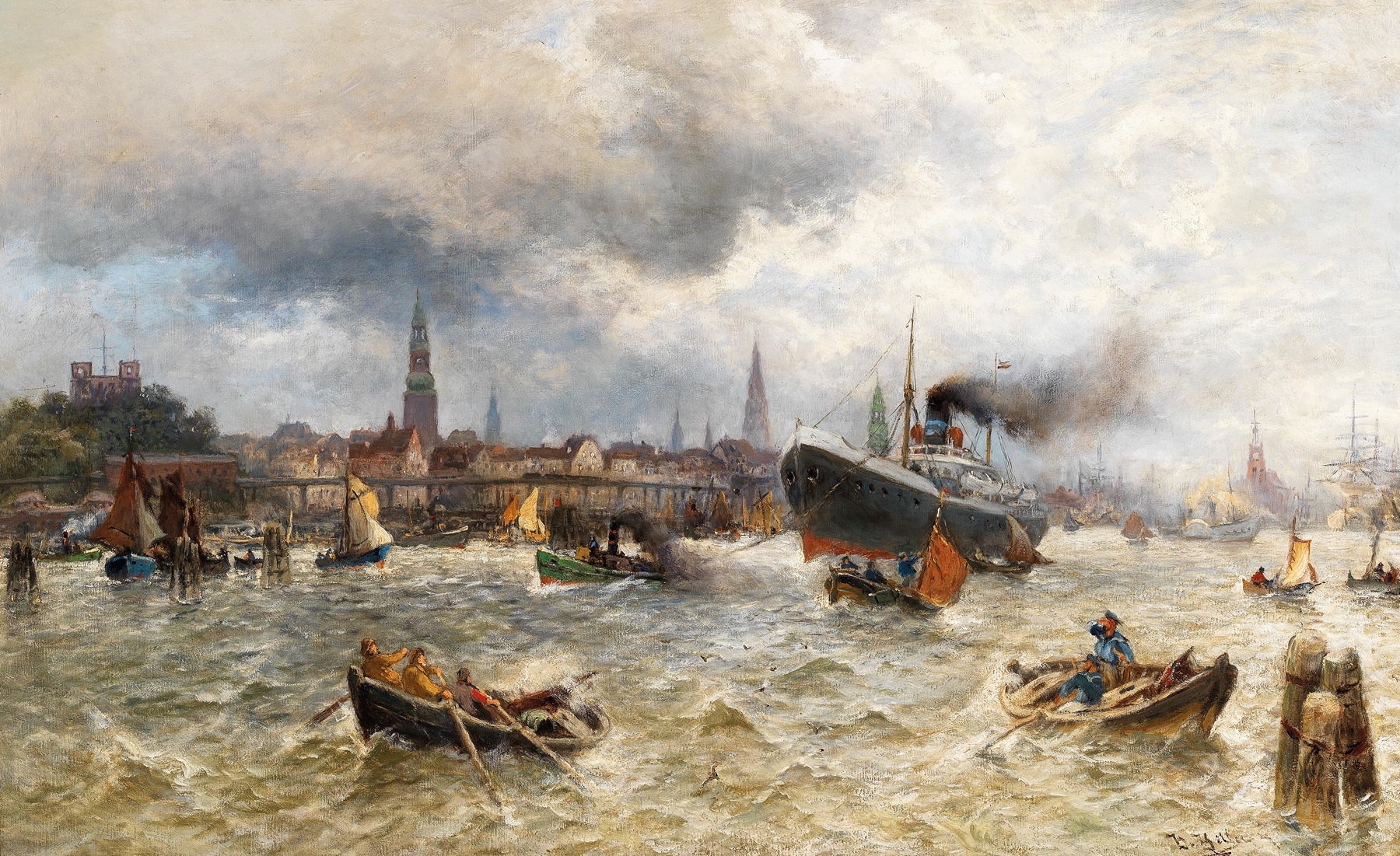 Marine landscape of The Harbour in Hamburg by Heinrich Hiller, oil on canvas