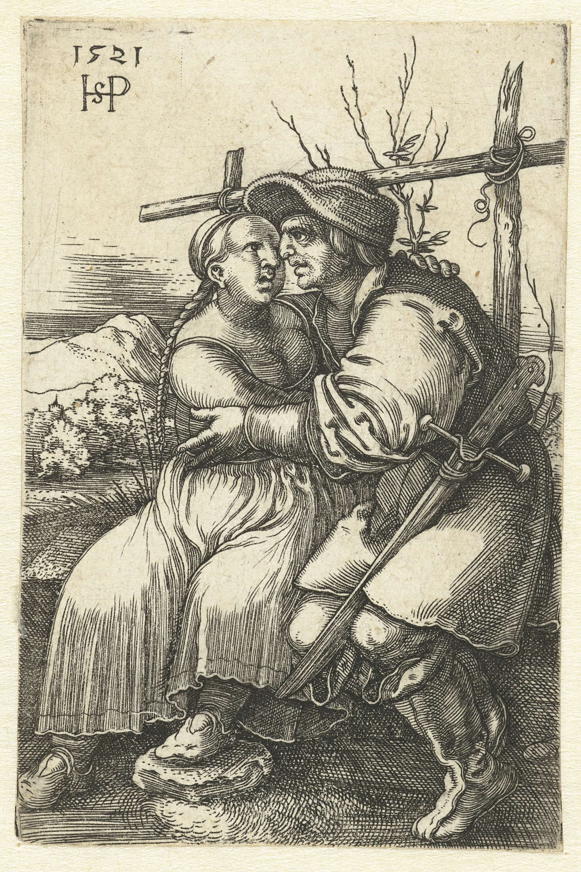 Engraving by Hans Sebald Beham depicting a couple embracing in earthy tones