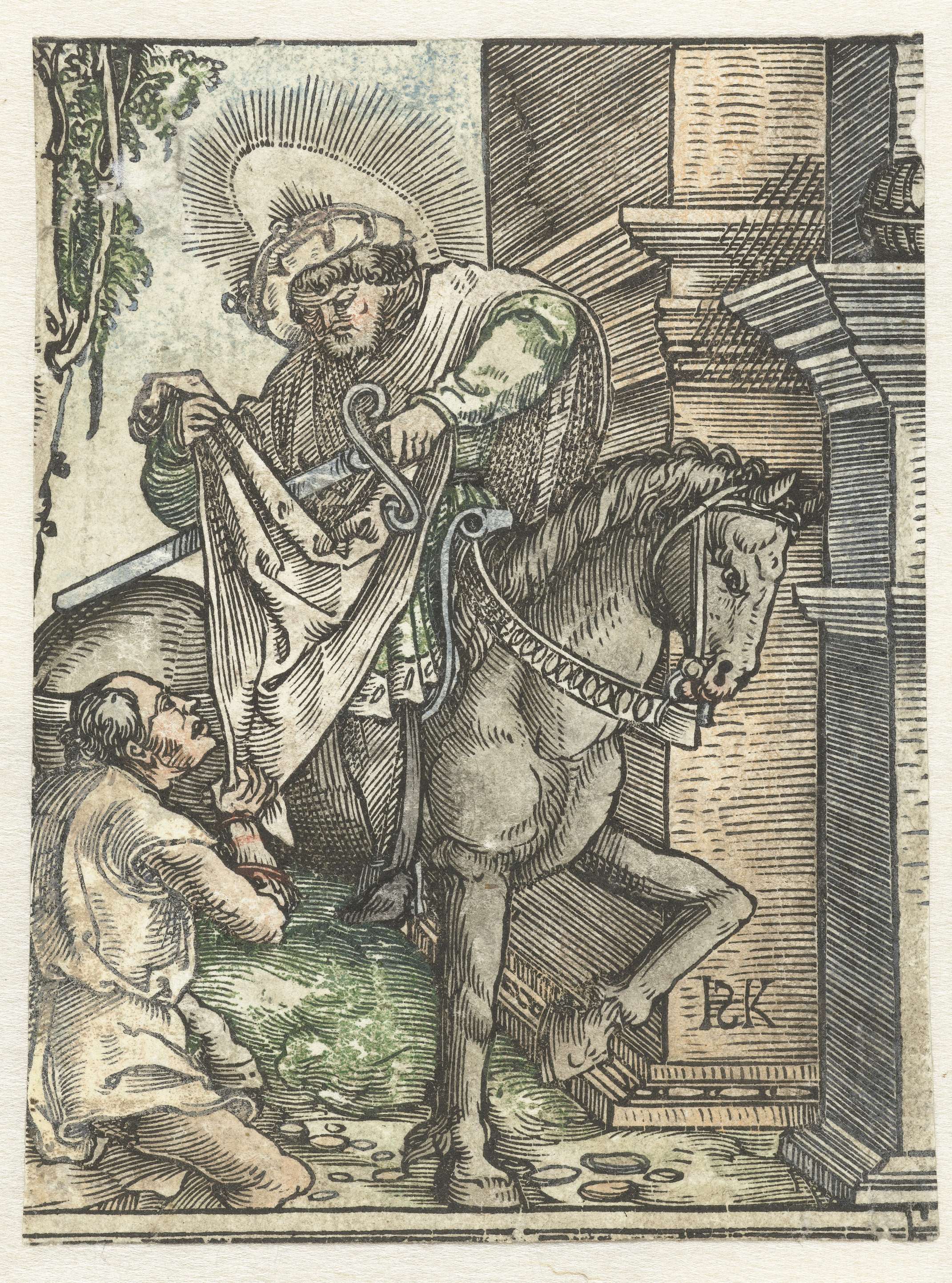Engraving by Hans Springinklee depicting St. Martin sharing his cloak with a beggar.