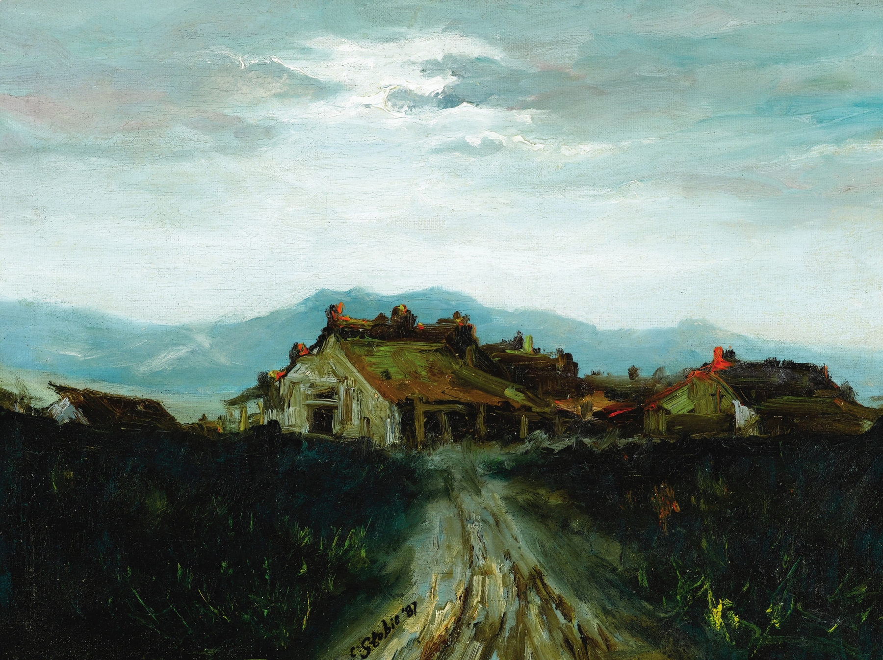 House in Landscape by Charles Stewart Stobie, oil painting depicting a house surrounded by trees and golden light.