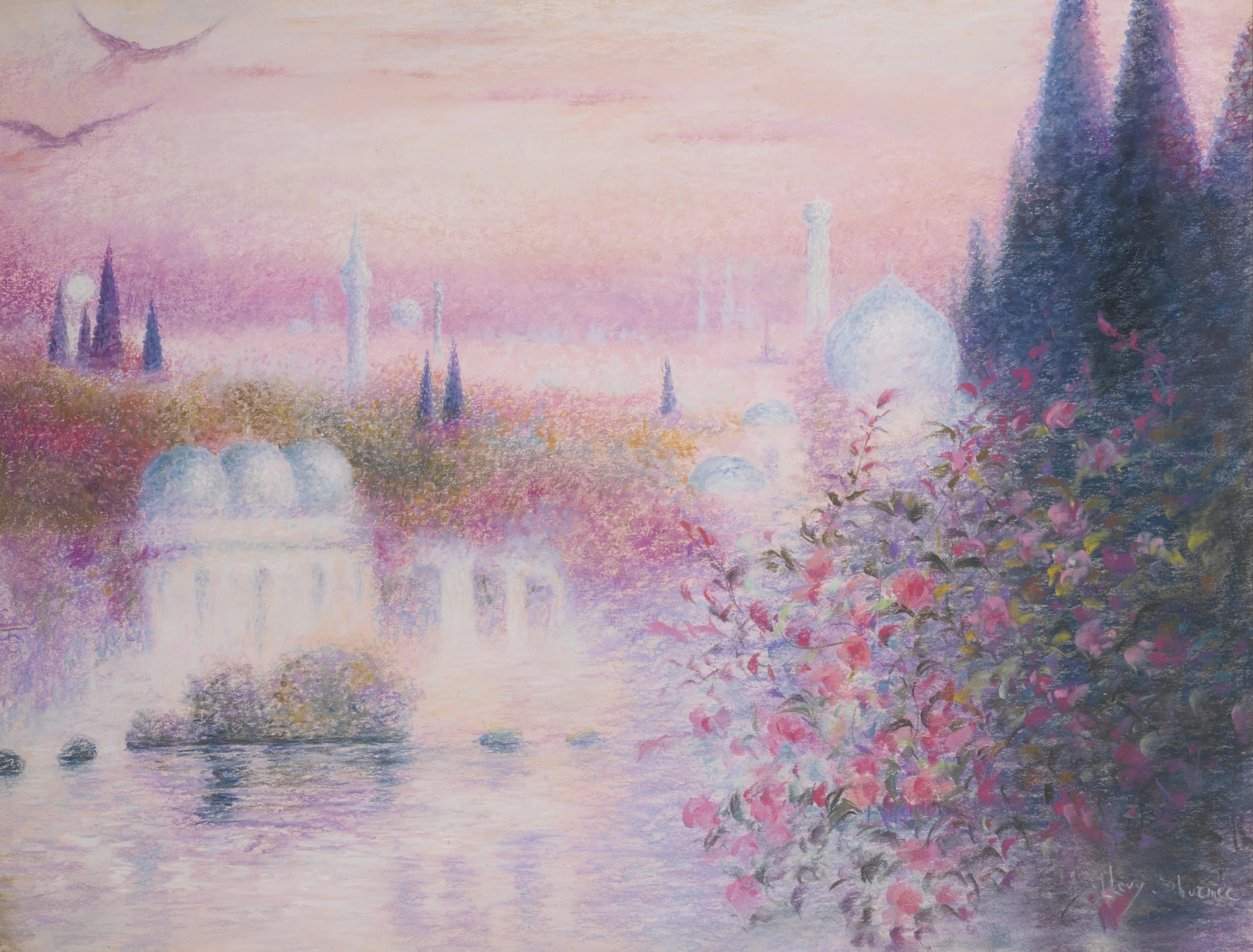 Les Roses d’Ispahan by Lucien Lévy-Dhurmer, oil on canvas, featuring pink and crimson roses.