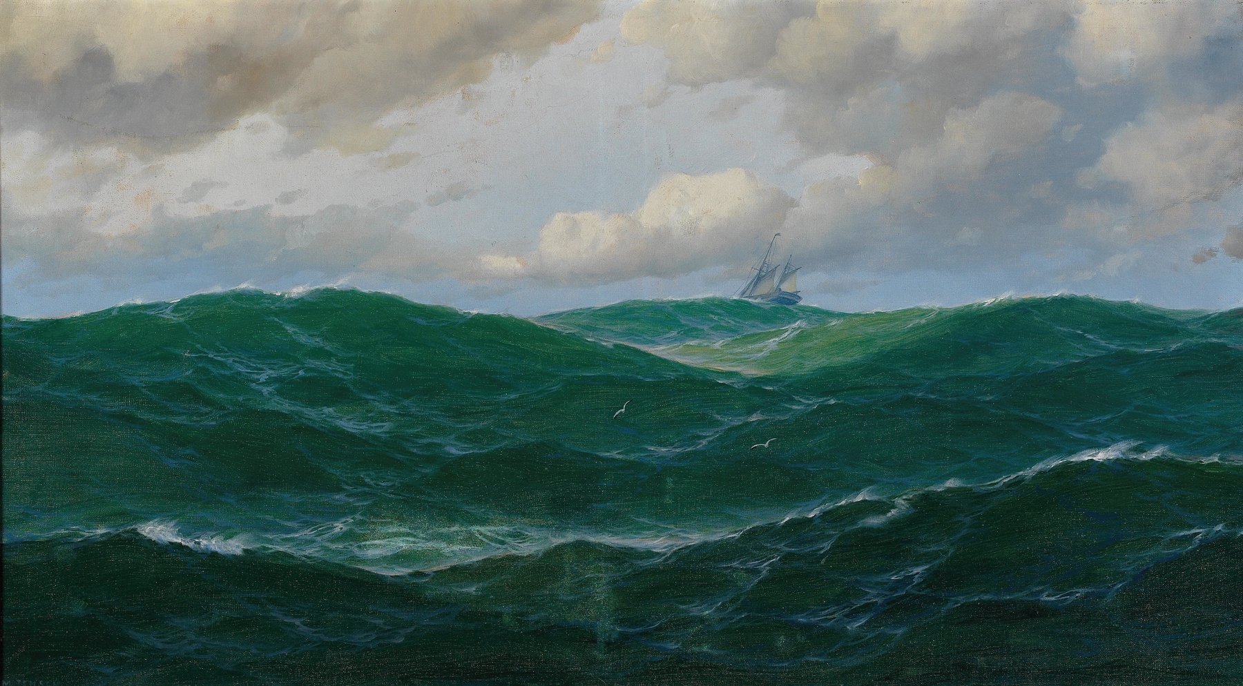 Ship on Rough Seas by Max Jensen, oil painting depicting a ship battling stormy waters