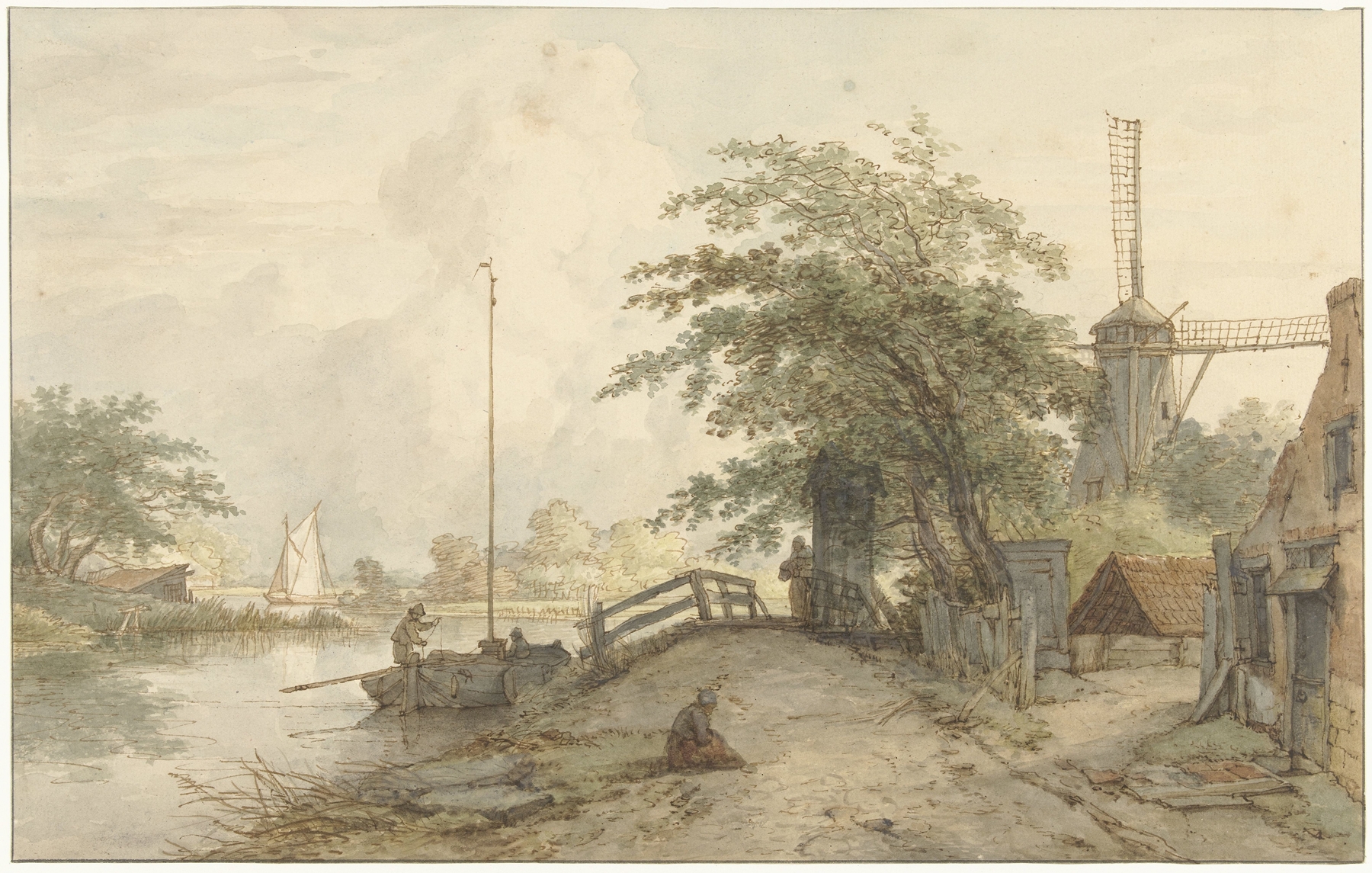Landschap met bruggetje en huis aan weg langs een water, by Jan Hulswit, public domain