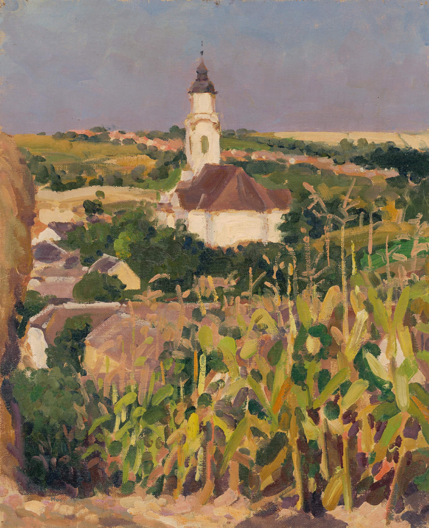 Eastern Slovakia Village by Jozef Teodor Mousson, realism, depicting cottages and rolling hills