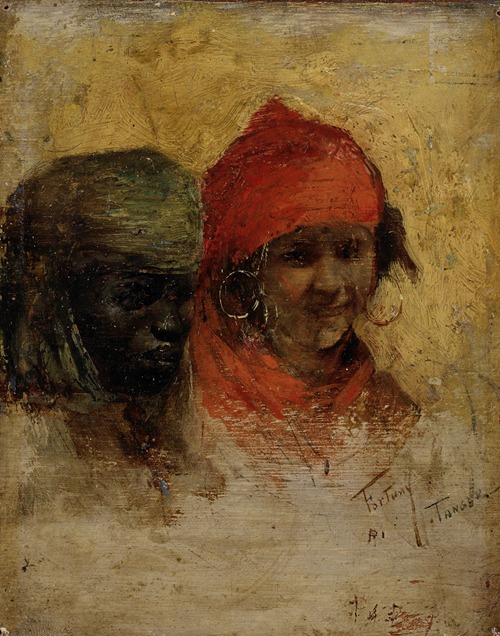 The painting depicts a black woman and a Moroccan woman seated together in a vibrant setting.