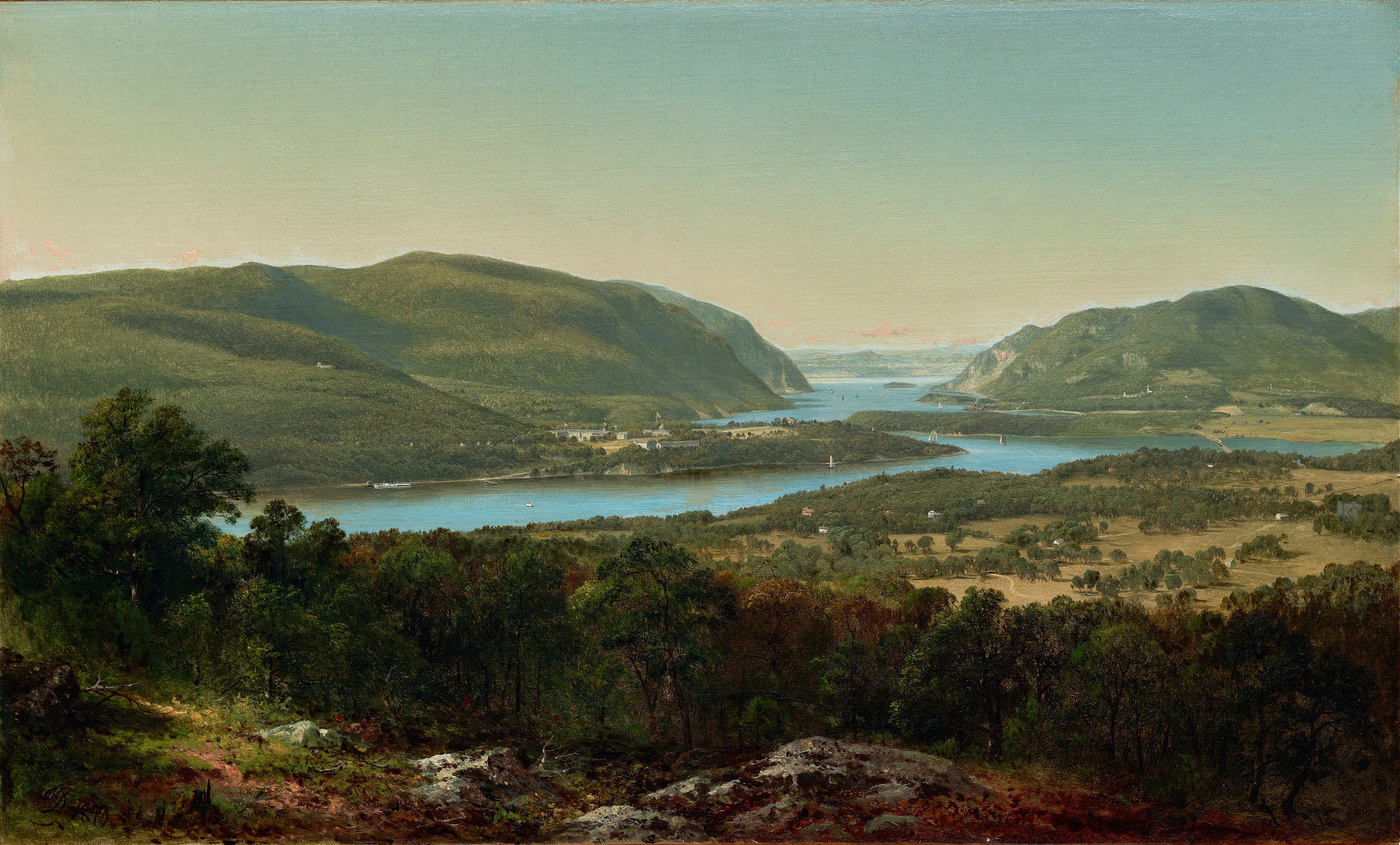 View from Garrison, West Point, New York by David Johnson, oil on canvas depicting a river and mountains.