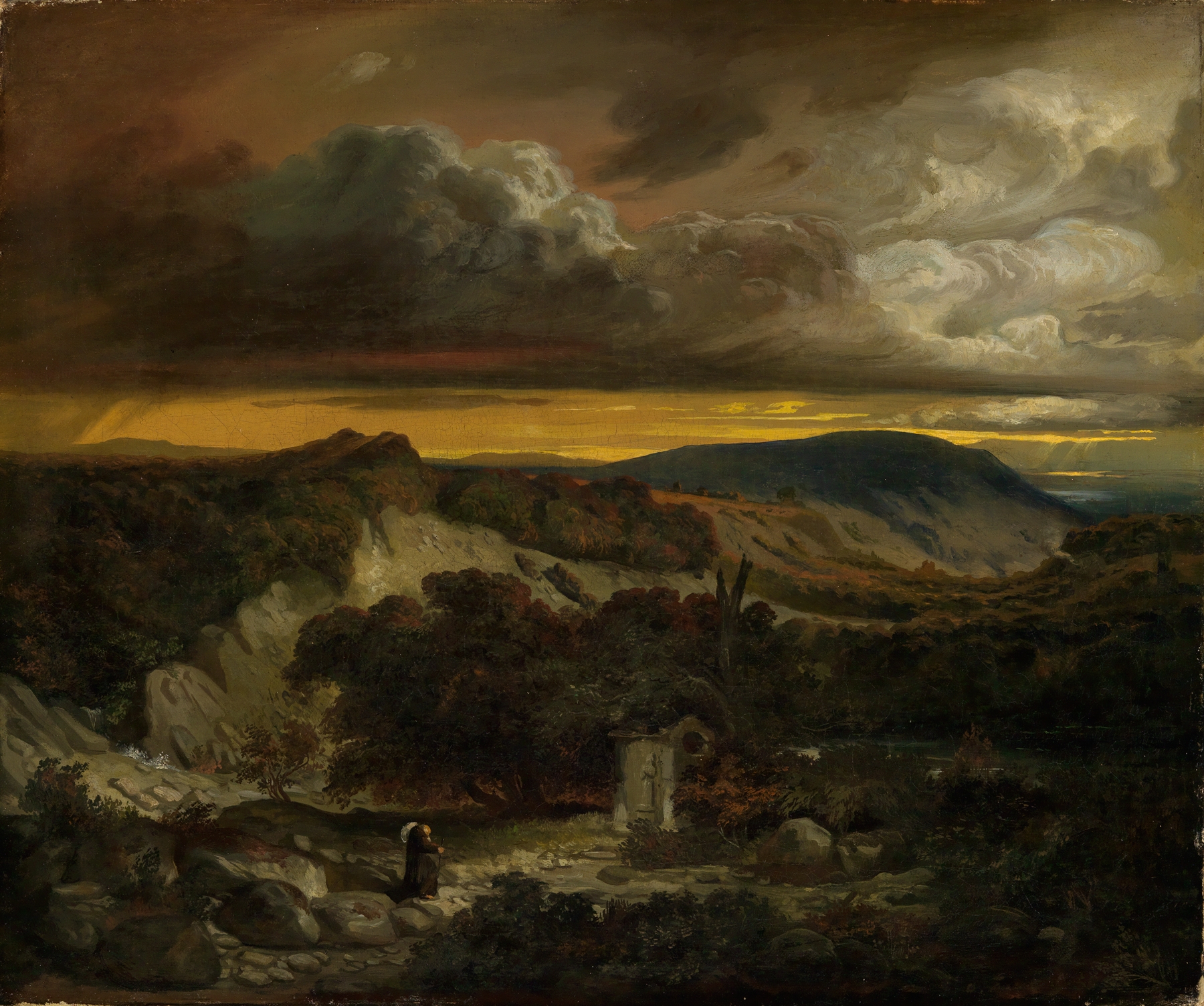 Abendliche Landschaft mit heimkehrenden Einsiedler, oil on canvas by Anselm Feuerbach depicting a tranquil landscape at dusk.
