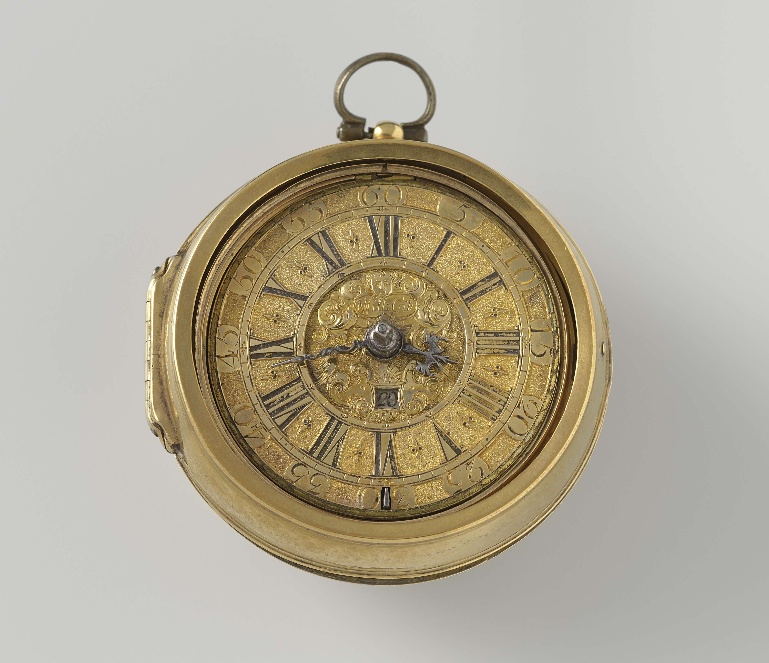 Engraving by William Gib depicting a detailed pocket watch with golden casing