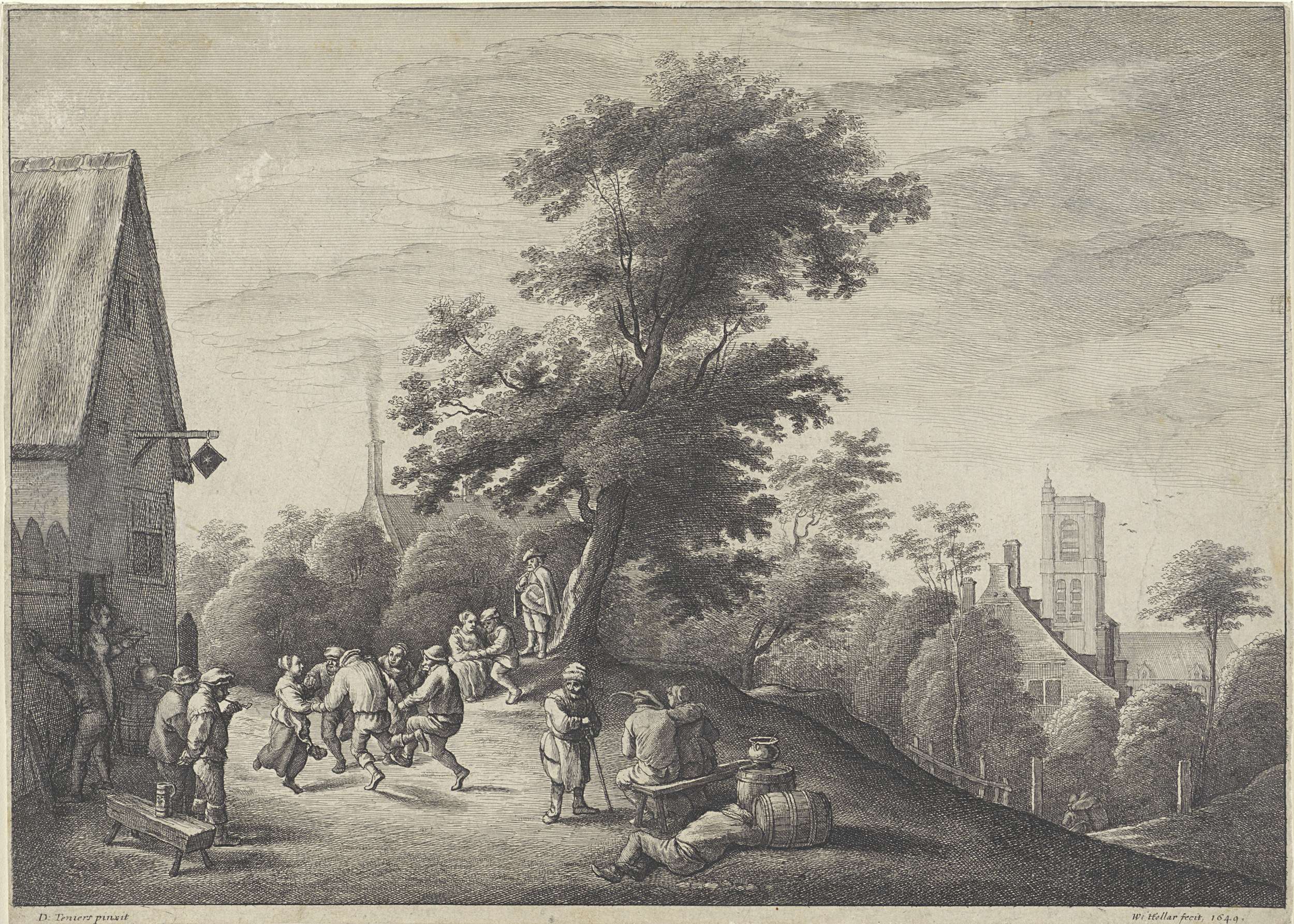 Etching by Wenceslaus Hollar depicting dancing figures at a tavern