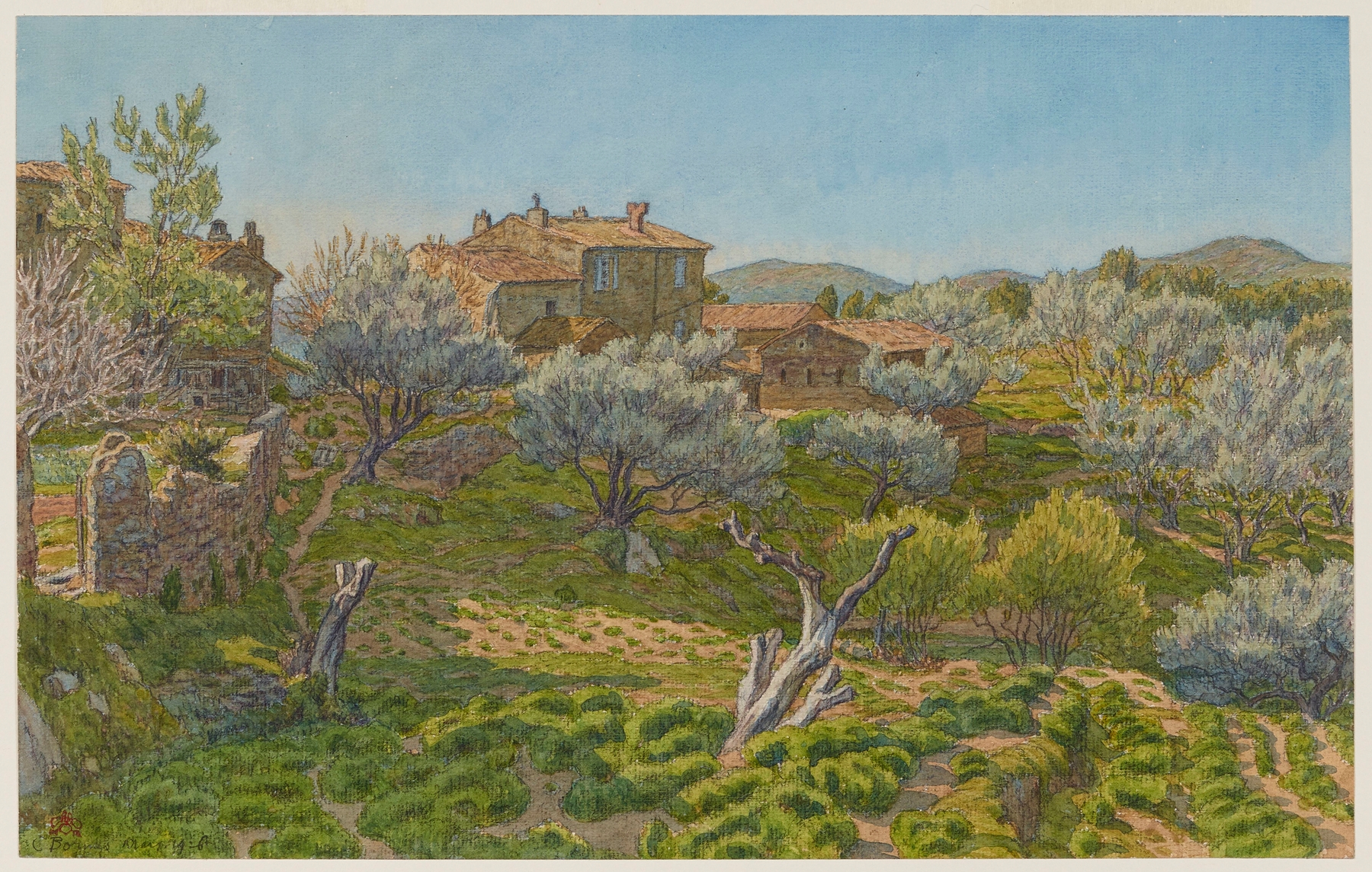 Fermes à Bormes by Henri Rivière, impressionism, depicting a tranquil village in amber light