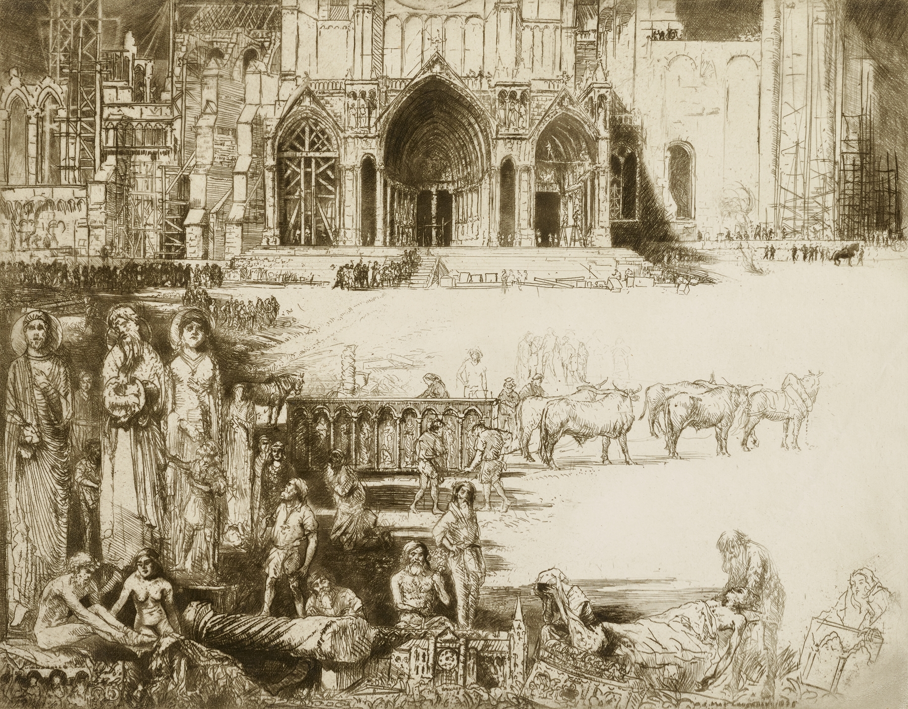 The Builders of Chartres Cathedral by Donald Shaw MacLaughlan, 1926, depicting builders shaping stone.