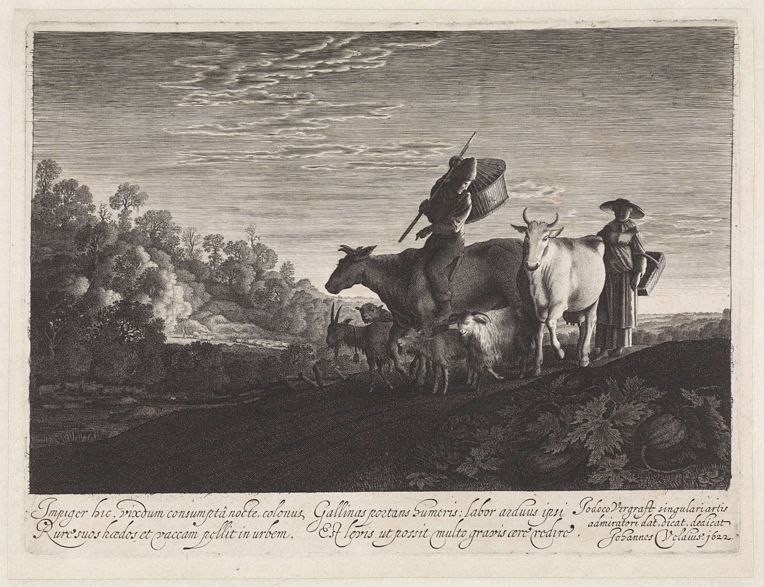 Engraving by Jan van de Velde (II) depicting herders with cattle at twilight.