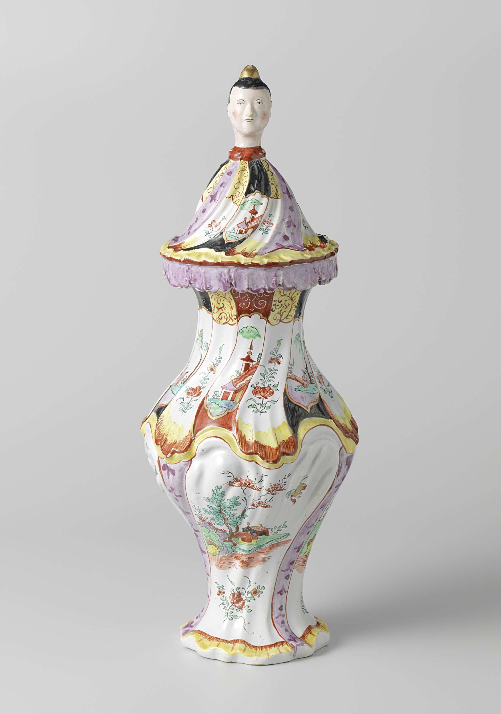 Three lidded vases with rocaille motifs by De Grieksche A, Rococo style