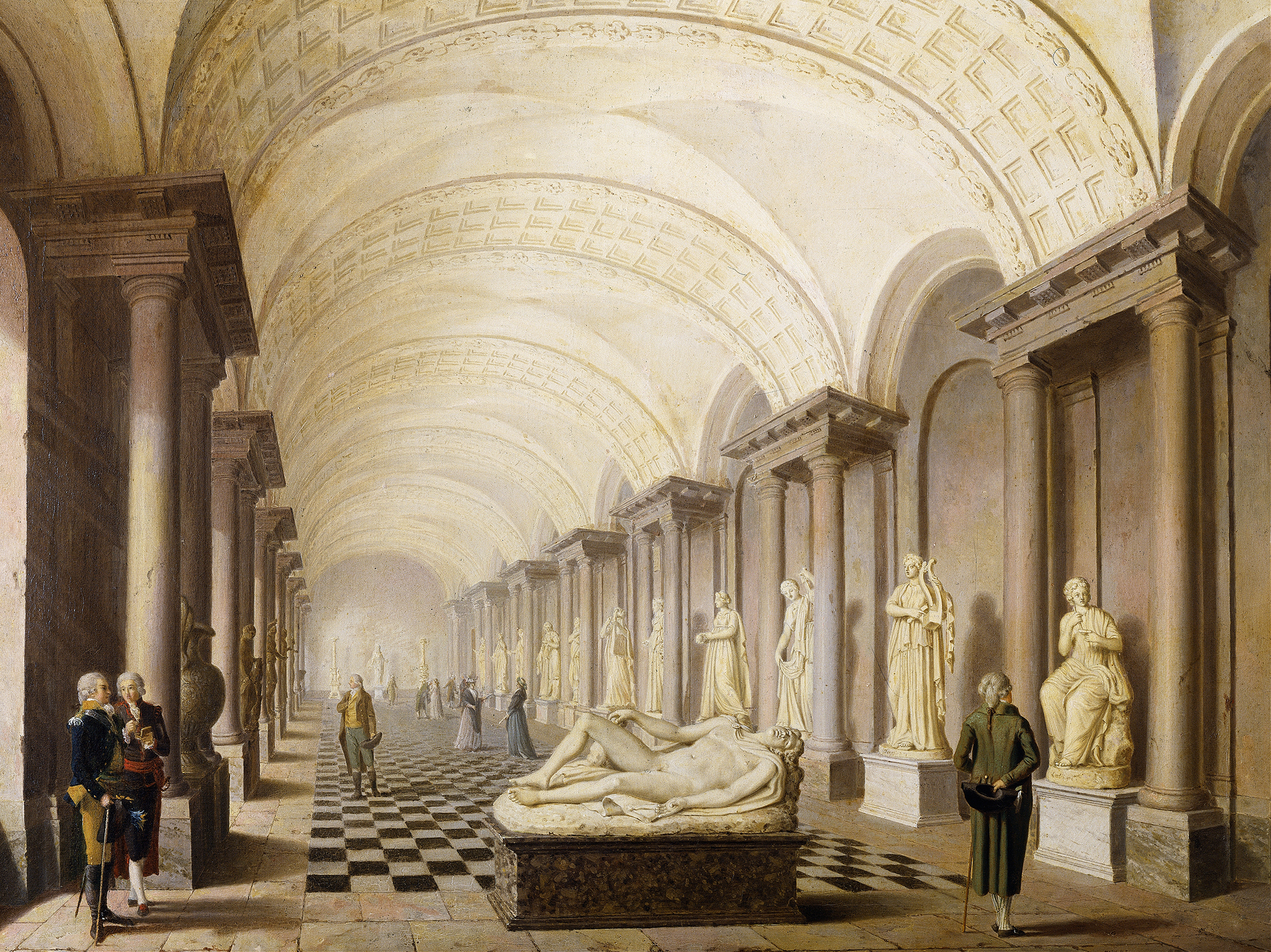 Neoclassical oil painting by Pehr Hilleström depicting muses in a museum interior