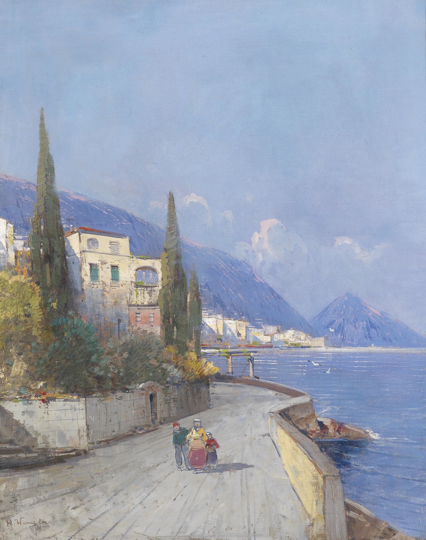 Landscape with hills and a dusk sky, oil painting by Georg Fischhof