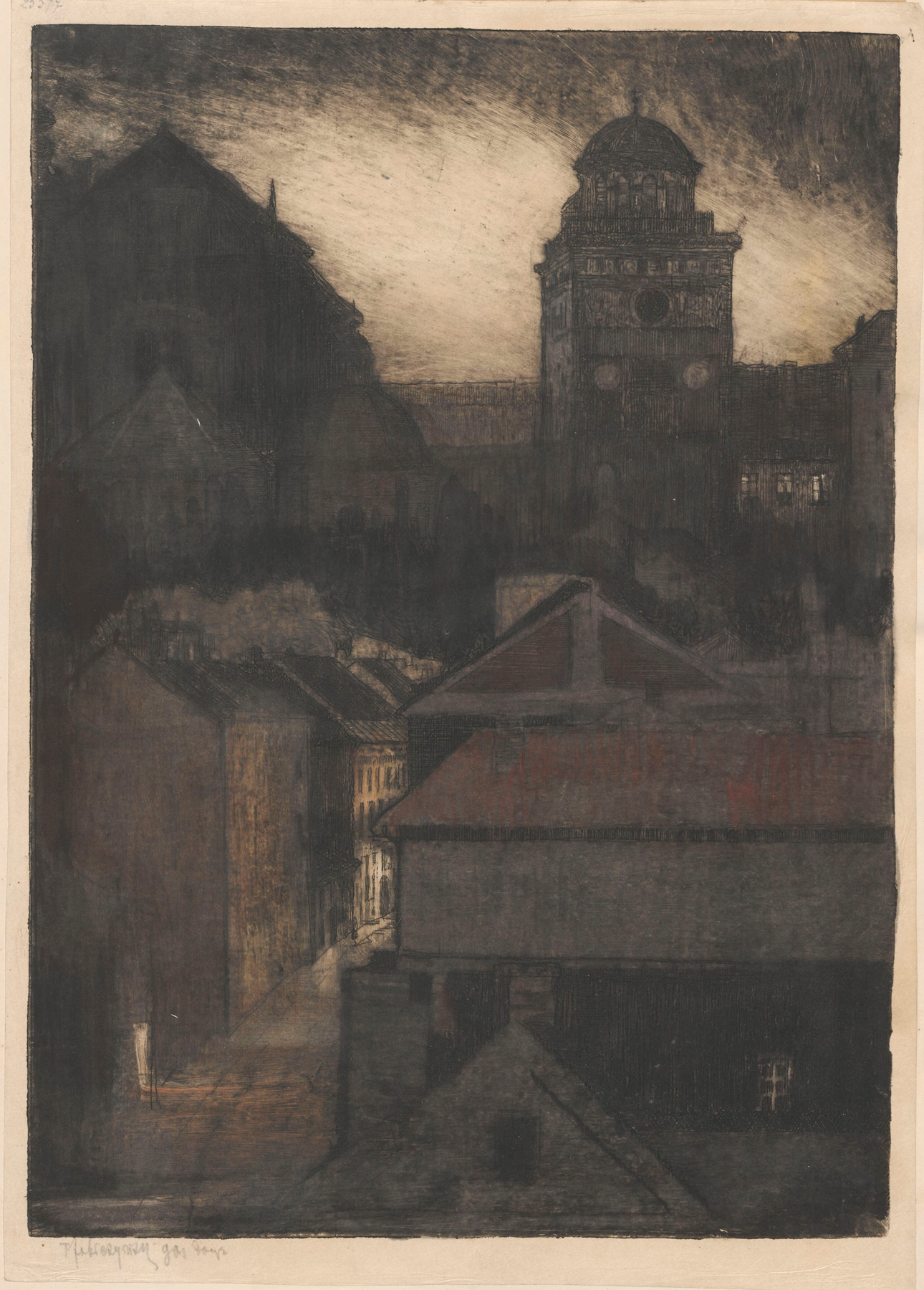 Cobbled street scene depicting urban architecture by Feliks Jabłczyński, oil painting