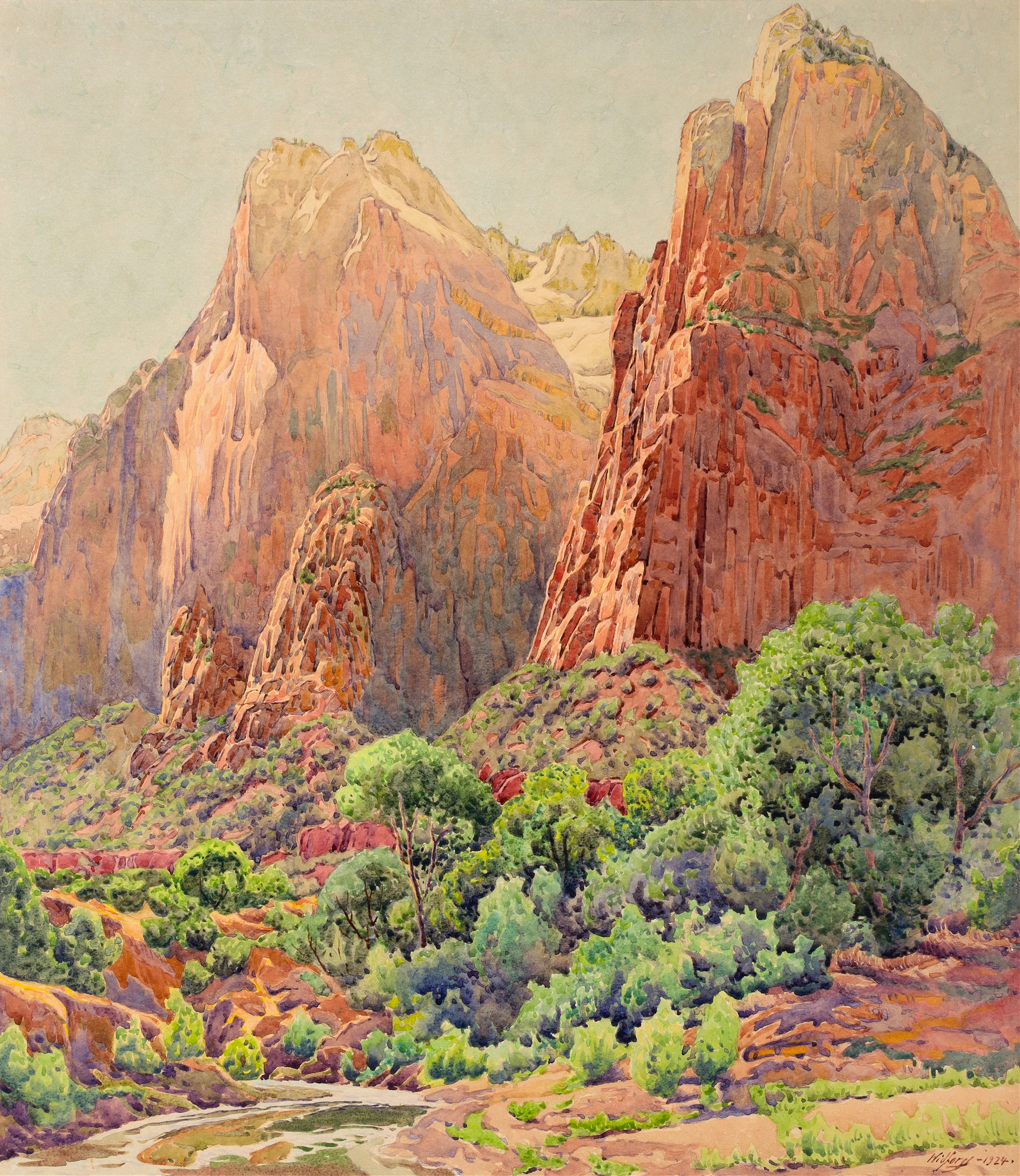 Watercolour by Gunnar Mauritz Widforss depicting cliffs and sunlight in Zion National Park.