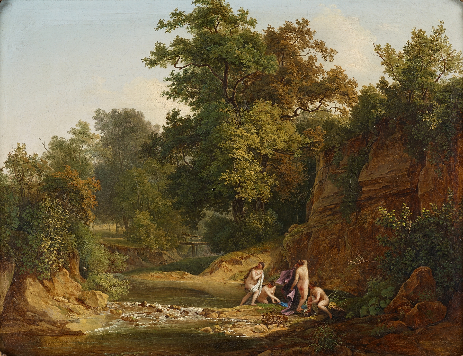Landschaft mit Badenden by Josef Feid, oil painting depicting bathers by a lake under golden light.