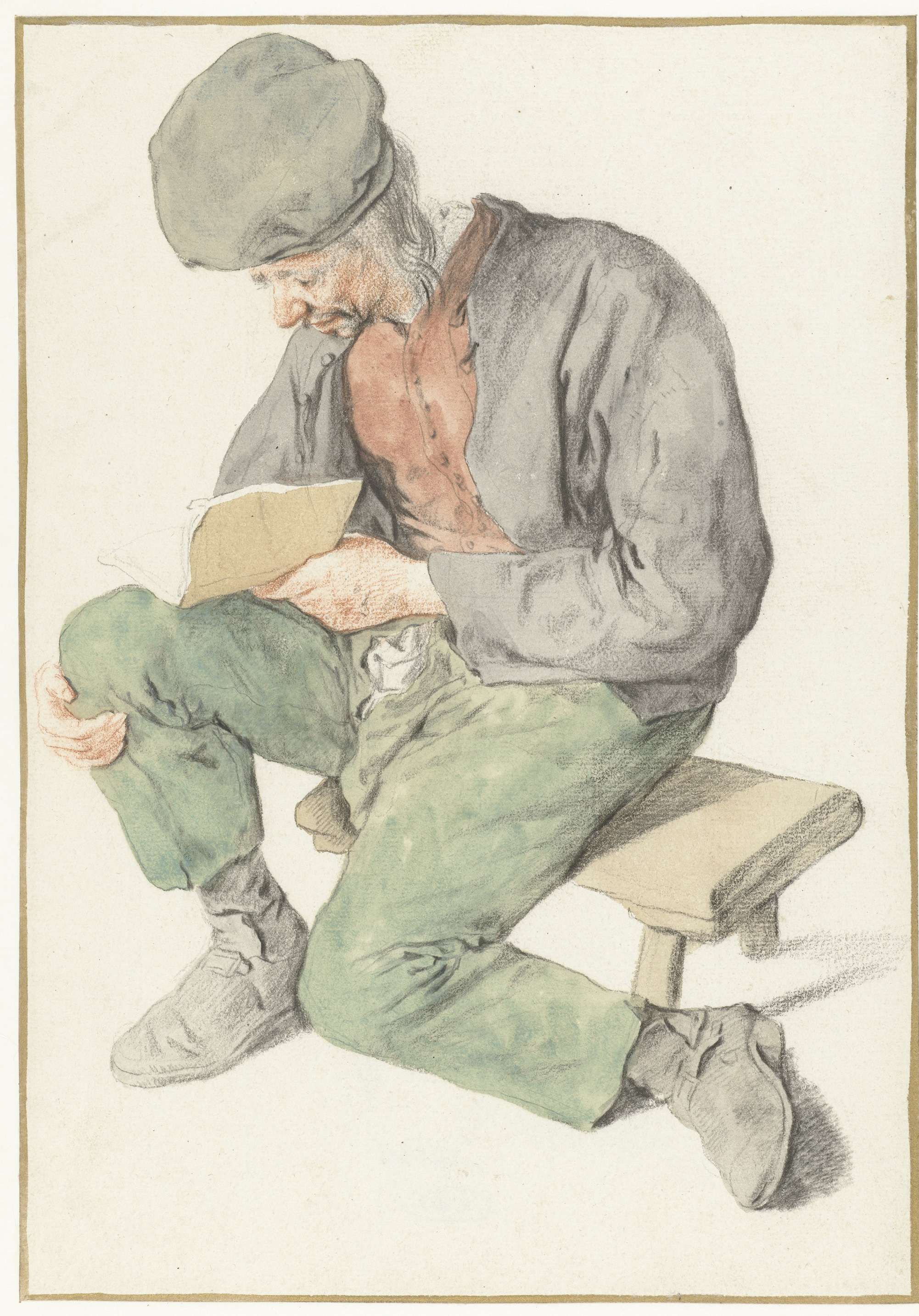Drawing of a man reading a book by Cornelis Dusart