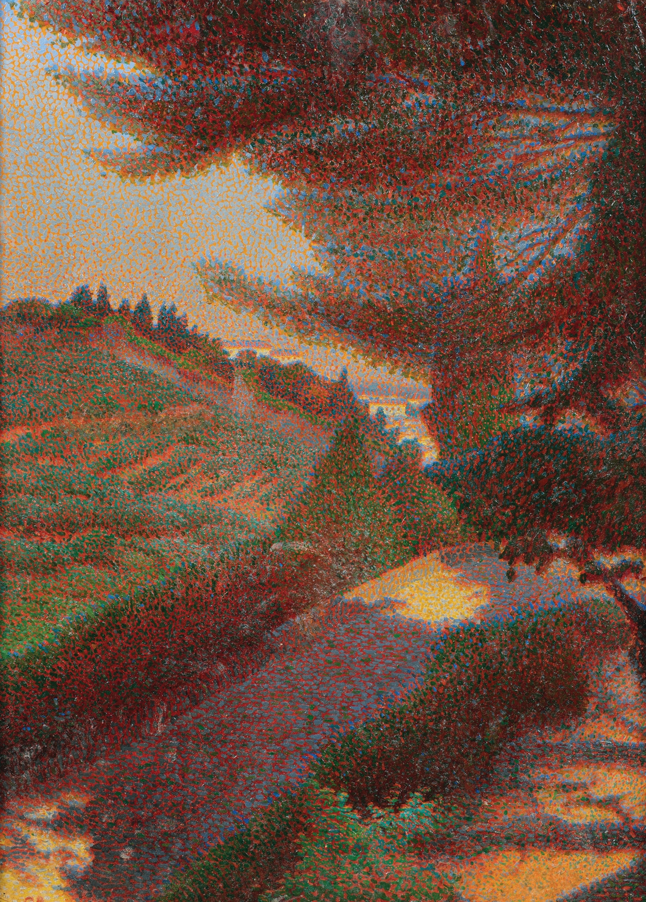 A Landscape at Dusk by Alberto Bonomi, oil painting depicting a dusky horizon with rich colors.