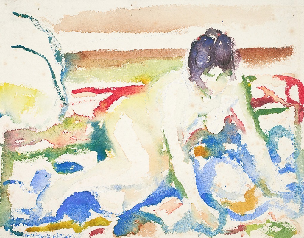A figure reclines on a patterned carpet, surrounded by vivid colors.