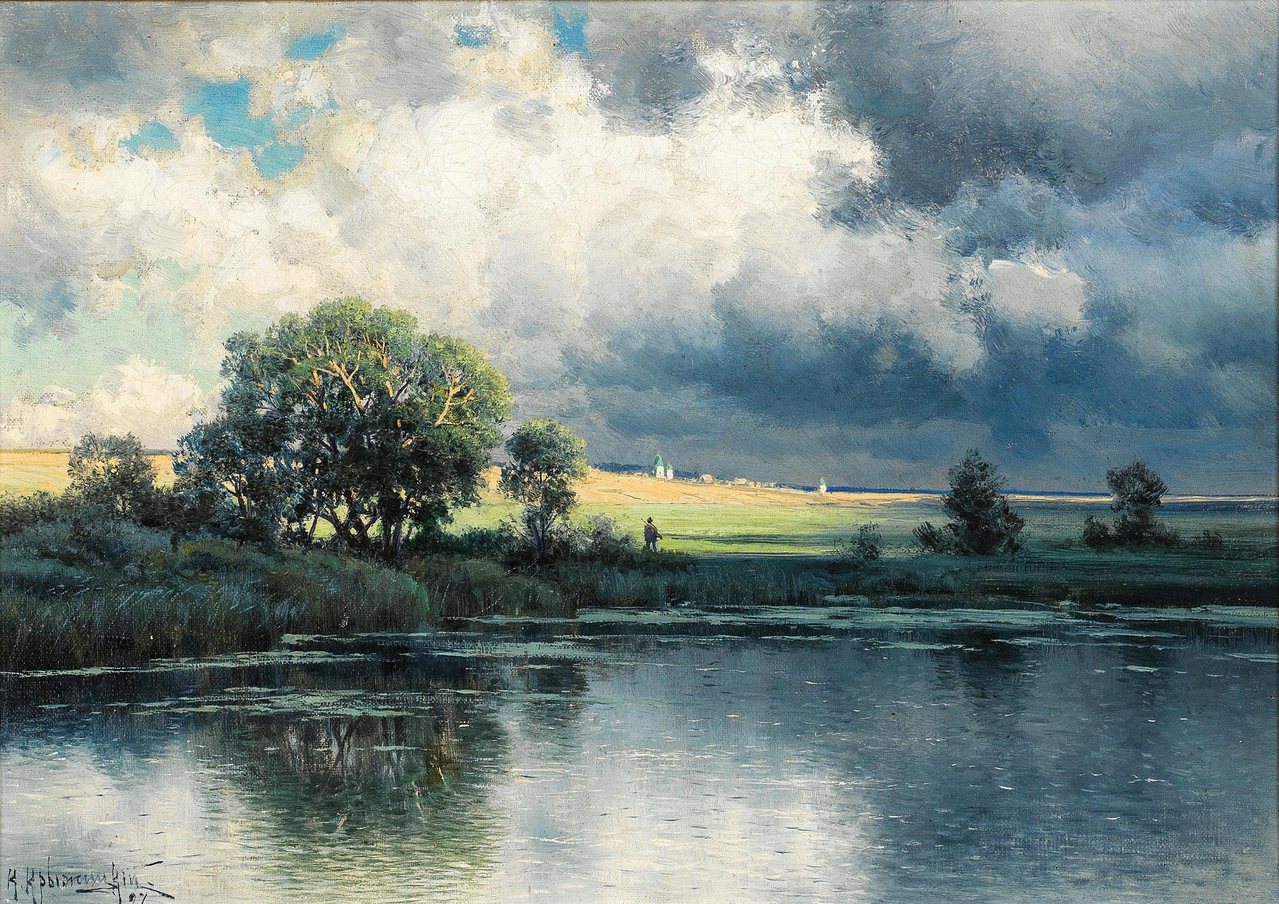 A River Landscape at Dusk, oil painting by Konstantin Yakovlevich Kryzhitsky, featuring a tranquil river at dusk.