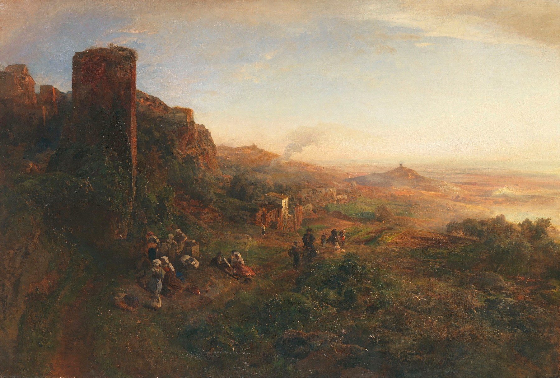 Oil painting of a twilight landscape with mountains by Oswald Achenbach