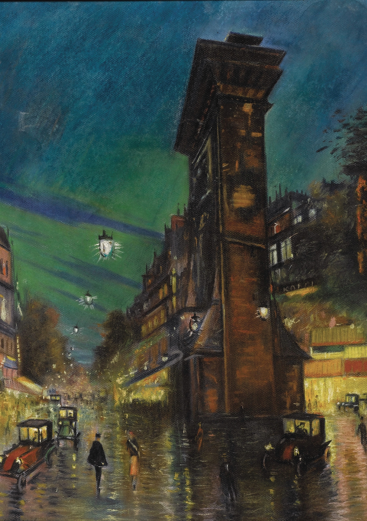 Cityscape oil painting by Konstantin Alexeevich Korovin depicting an urban skyline at twilight.