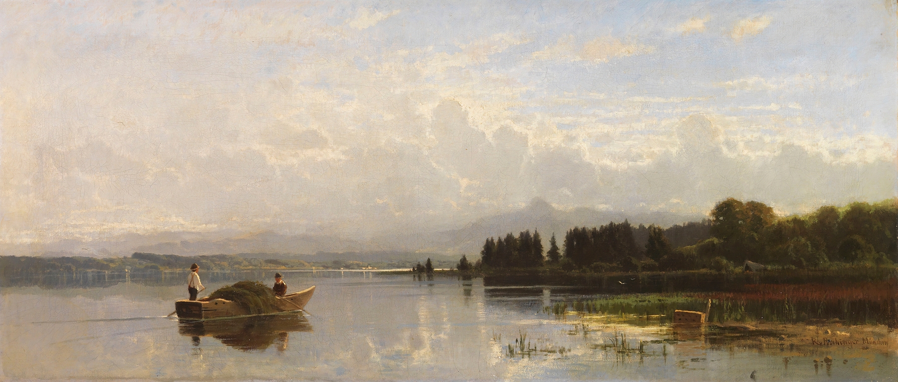 Heuboot bei der Überfahrt by Richard Von Poschinger, oil painting depicting a tranquil lake scene.