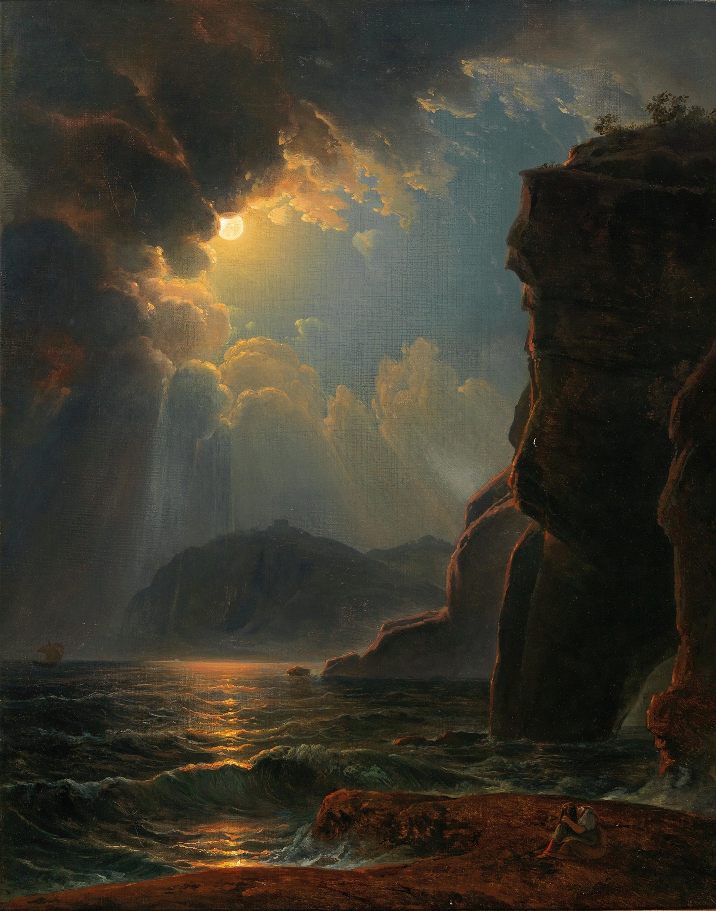 Felsküste im Mondschein by Johann Nepomuk Schödlberger, oil on canvas depicting a moonlit landscape.