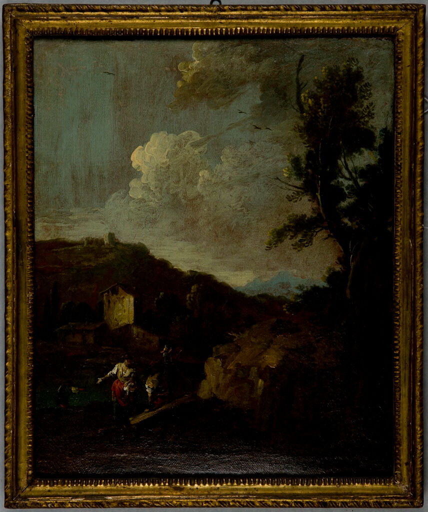Landscape with Figures by Giuseppe Zais, oil on canvas showing trees and figures in a serene landscape.