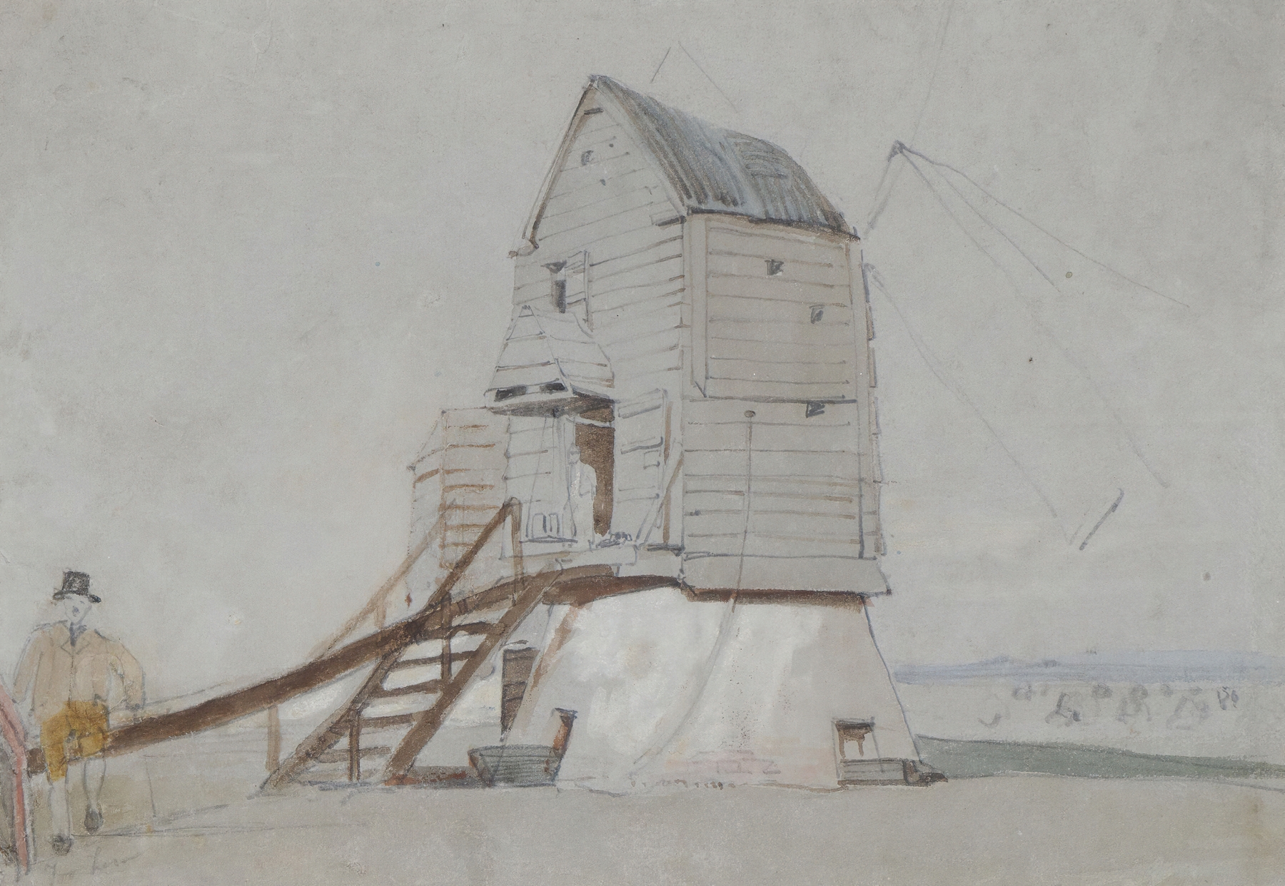 A figure beside a windmill in an oil painting by George Bryant Campion
