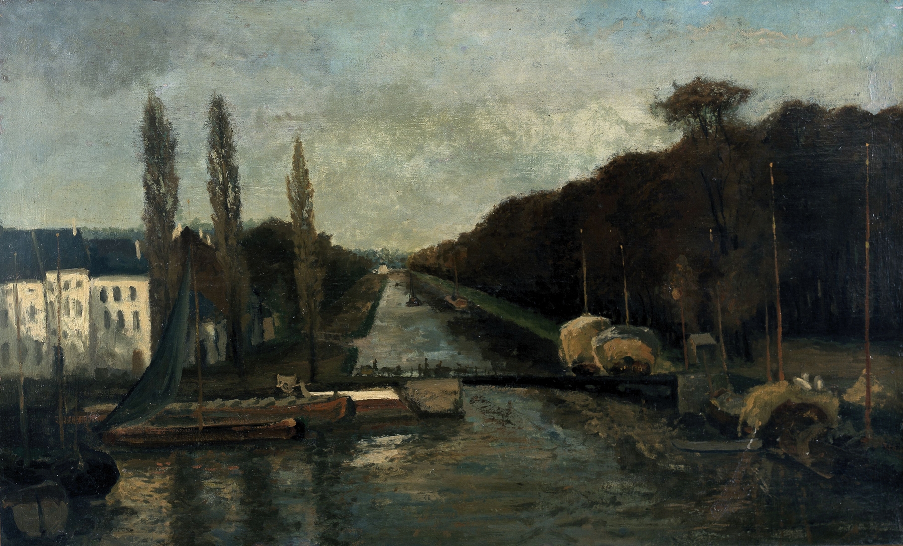 The Porte du Rivage in Brussels, oil on canvas by Alphonse Asselbergs, depicting a river and bridge.