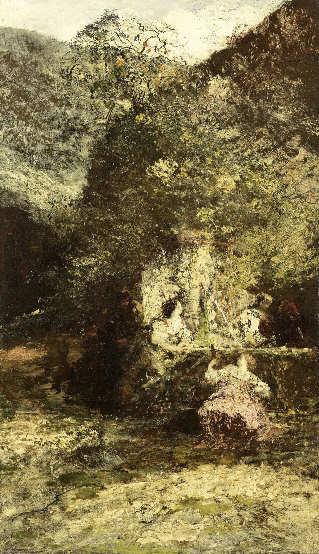 Figures near a Fountain, oil on canvas by Adolphe Monticelli, featuring figures in a tranquil setting.