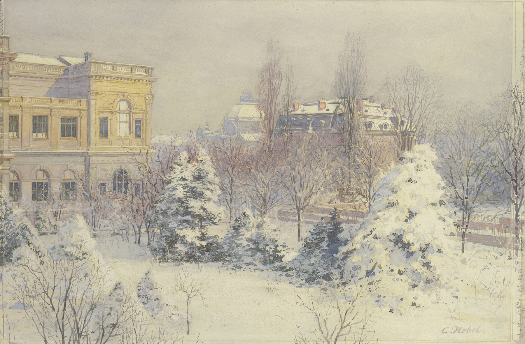 Winter landscape with Städelsche Kunstinstitut, oil on canvas by Carl Nebel